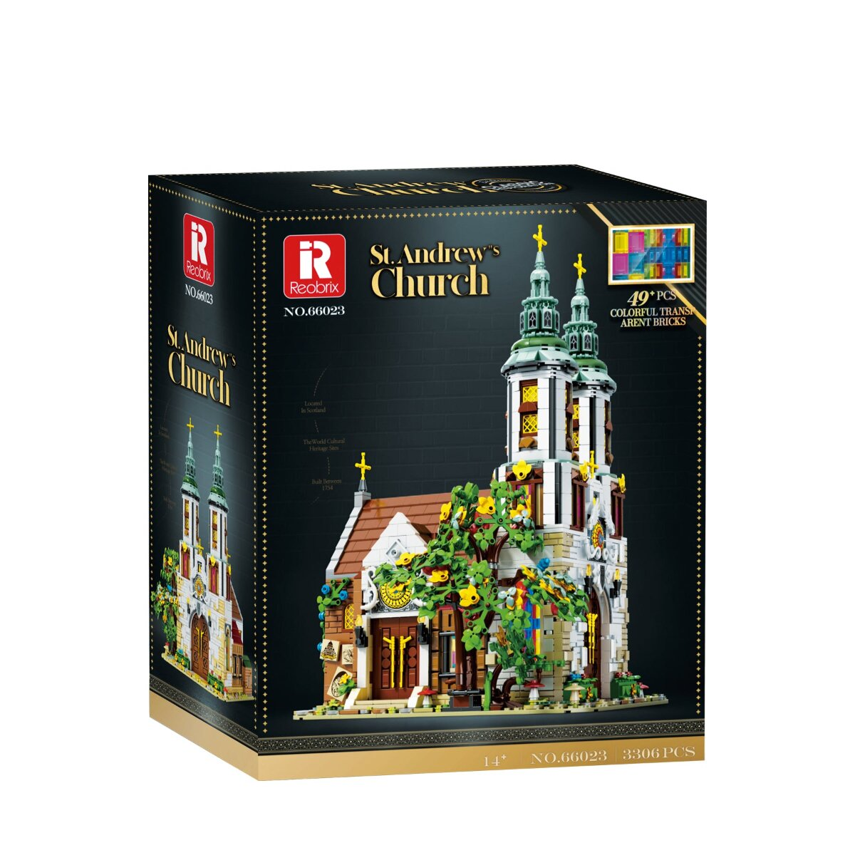 Eine schwarze Reobrix St. Andrew's Church Spielzeugbox zeigt das zusammengebaute Kirchenmodell.