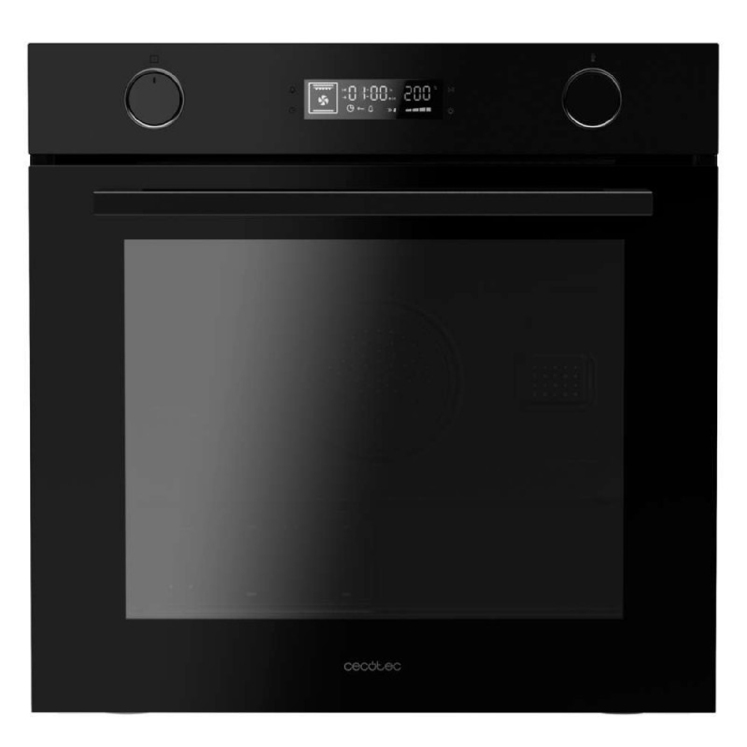 Un horno empotrable negro moderno con pantalla digital, dos mandos plateados y puerta de cristal con tirador.