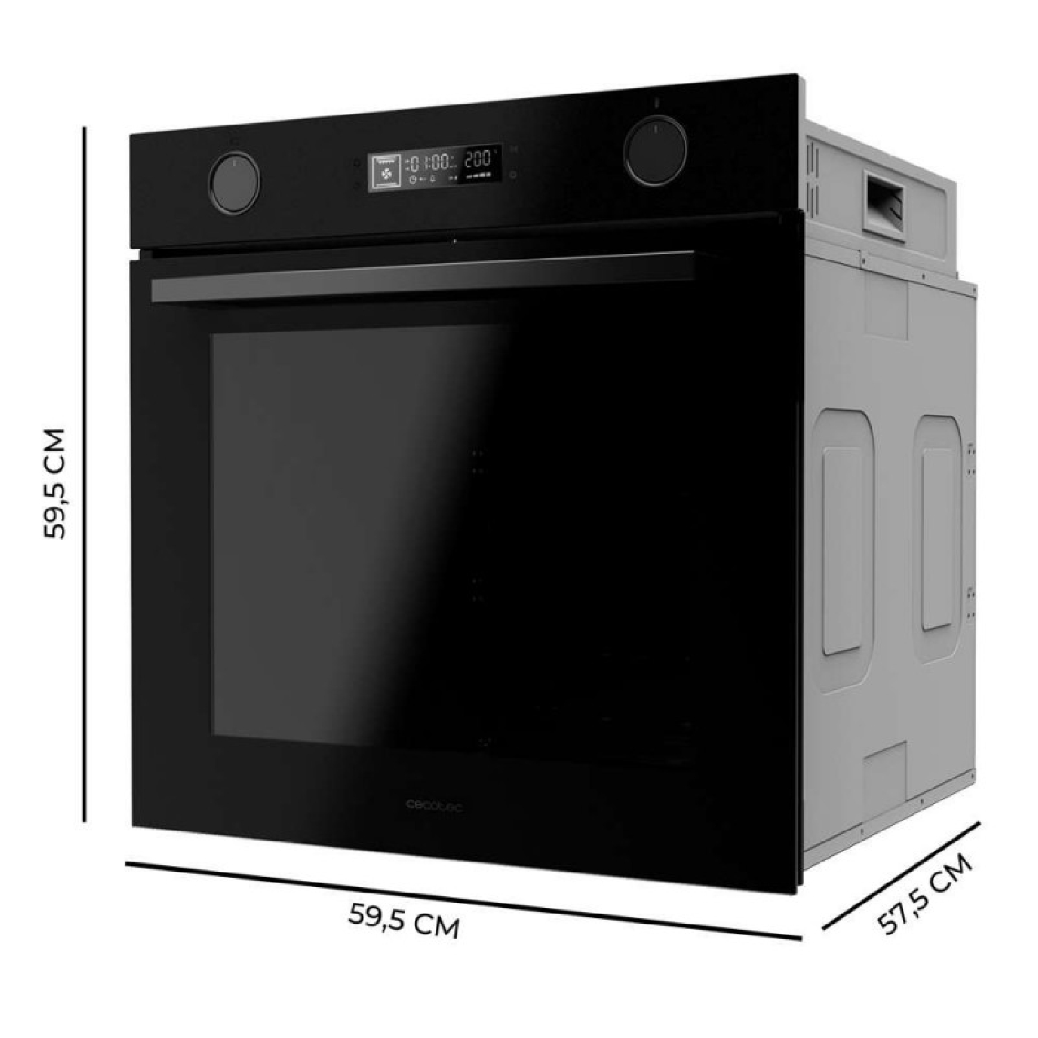 Horno empotrable negro con pantalla digital, mandos giratorios e indicadores de dimensiones en centímetros.