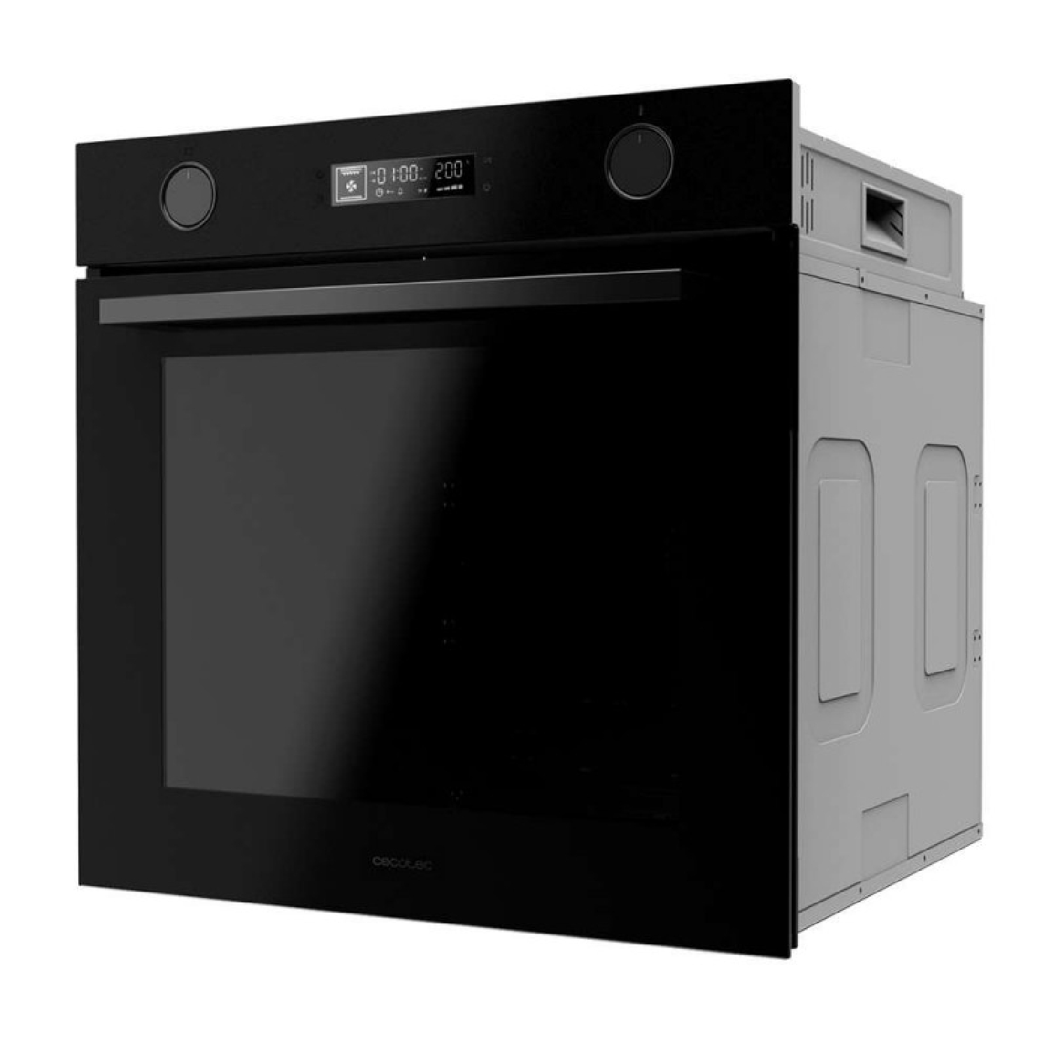 Moderno horno empotrado negro con pantalla digital y mandos sobre fondo blanco.