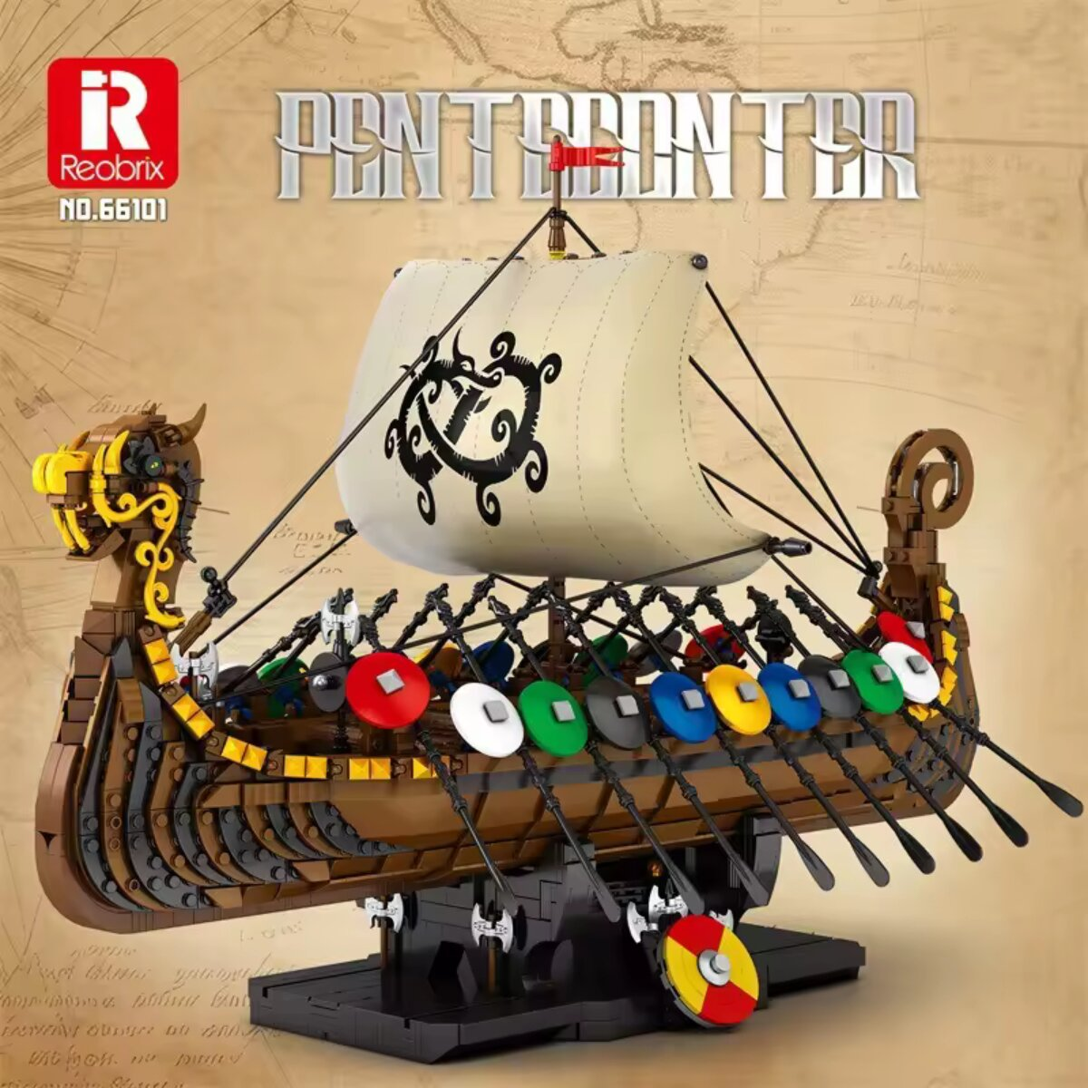 Ein Lego-Wikingerschiffsmodell auf einem Ständer mit Drachengalionsfigur, weißem Segel mit schwarzem Emblem und bunten Schildern.