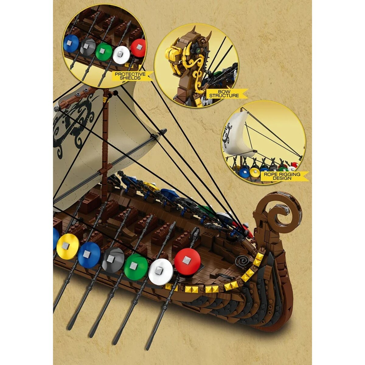 Ein Lego-Wikingerschiff mit Details wie Schilden und Takelage in Ausschnitten.