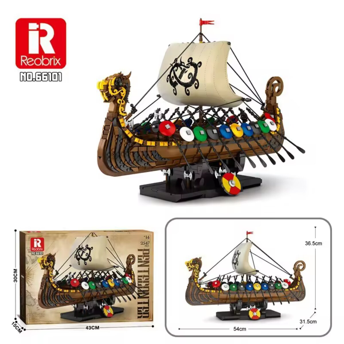 Ein detailliertes Reobrix-Wikingerschiff-Modellbausatz mit Segel, Schilden, Oars und Produktverpackung mit Abmessungen.