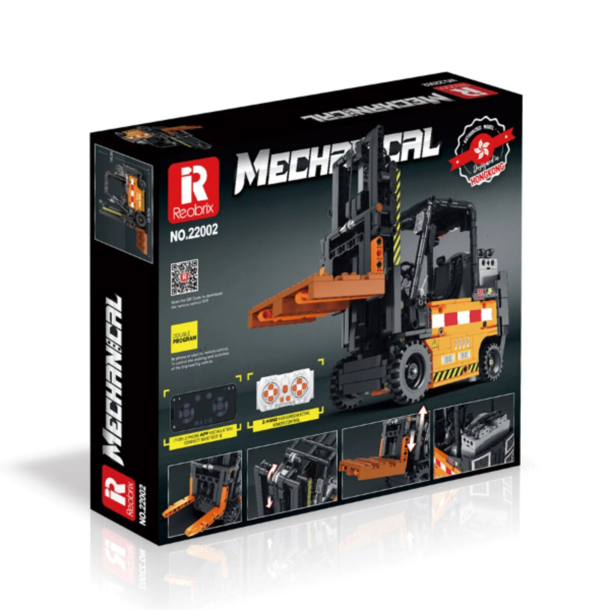 Verpackungskarton eines Reobrix Mechanical Gabelstapler-Modells mit Produktfotos und Fernbedienungs-Symbolen.