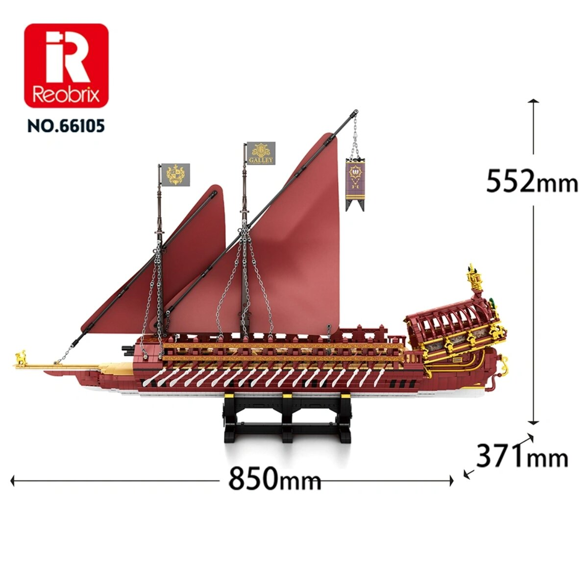 Reobrix 66105 Baustein-Schiff mit roten Segeln, 850mm lang, 371mm breit und 552mm hoch.