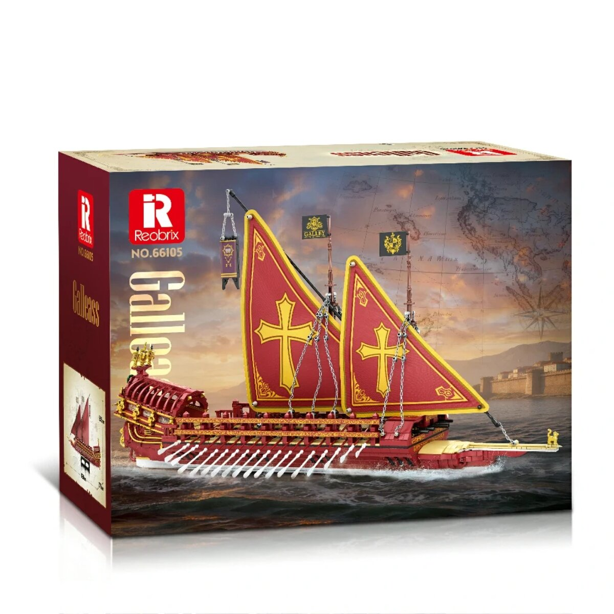 Eine Reobrix-Schachtel zeigt ein rotes und gelbes Modell eines antiken Galeass-Schiffs auf dem Wasser.