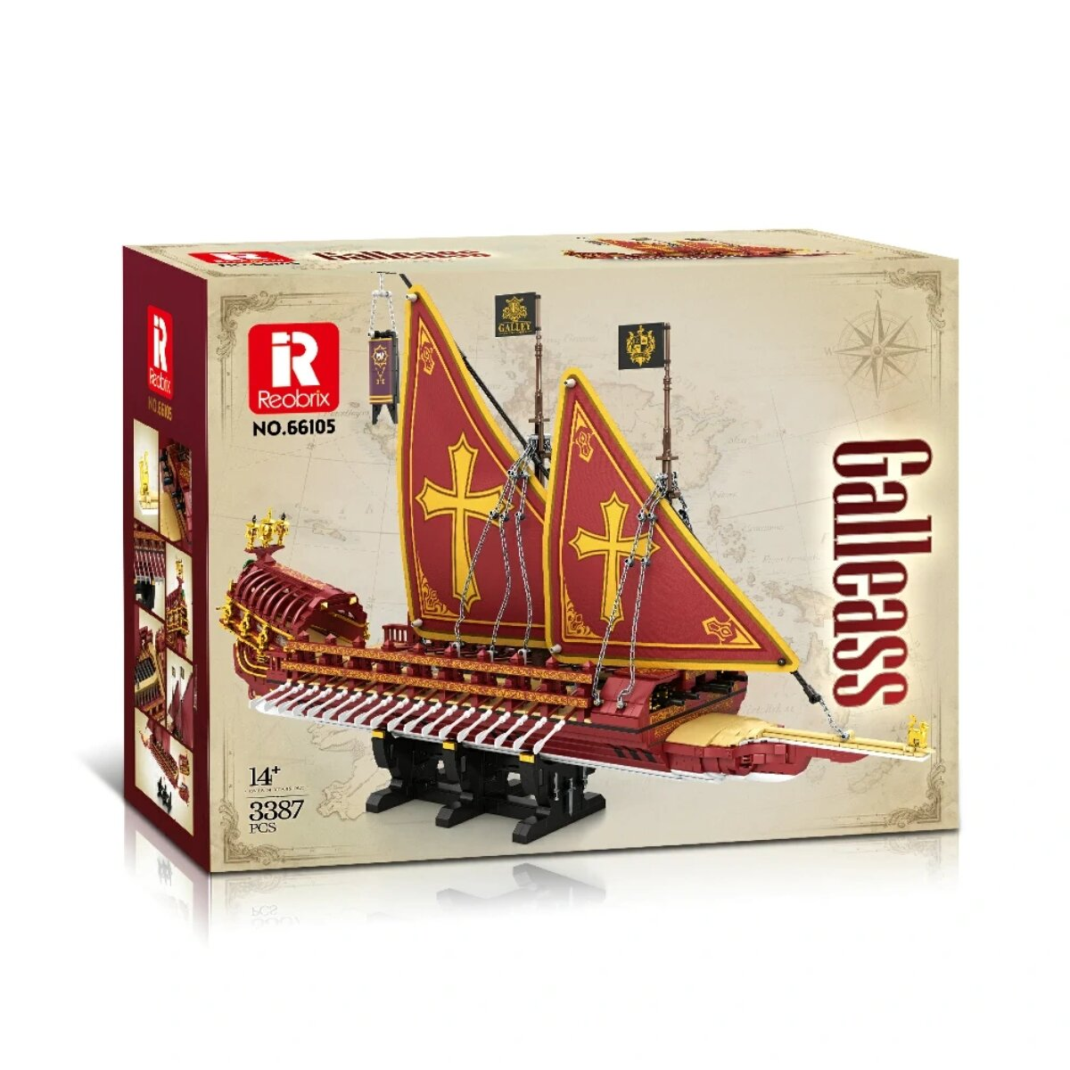 Verpackung eines Reobrix Galleass Schiffsbausatzes mit roten Segeln und vielen Rudern.
