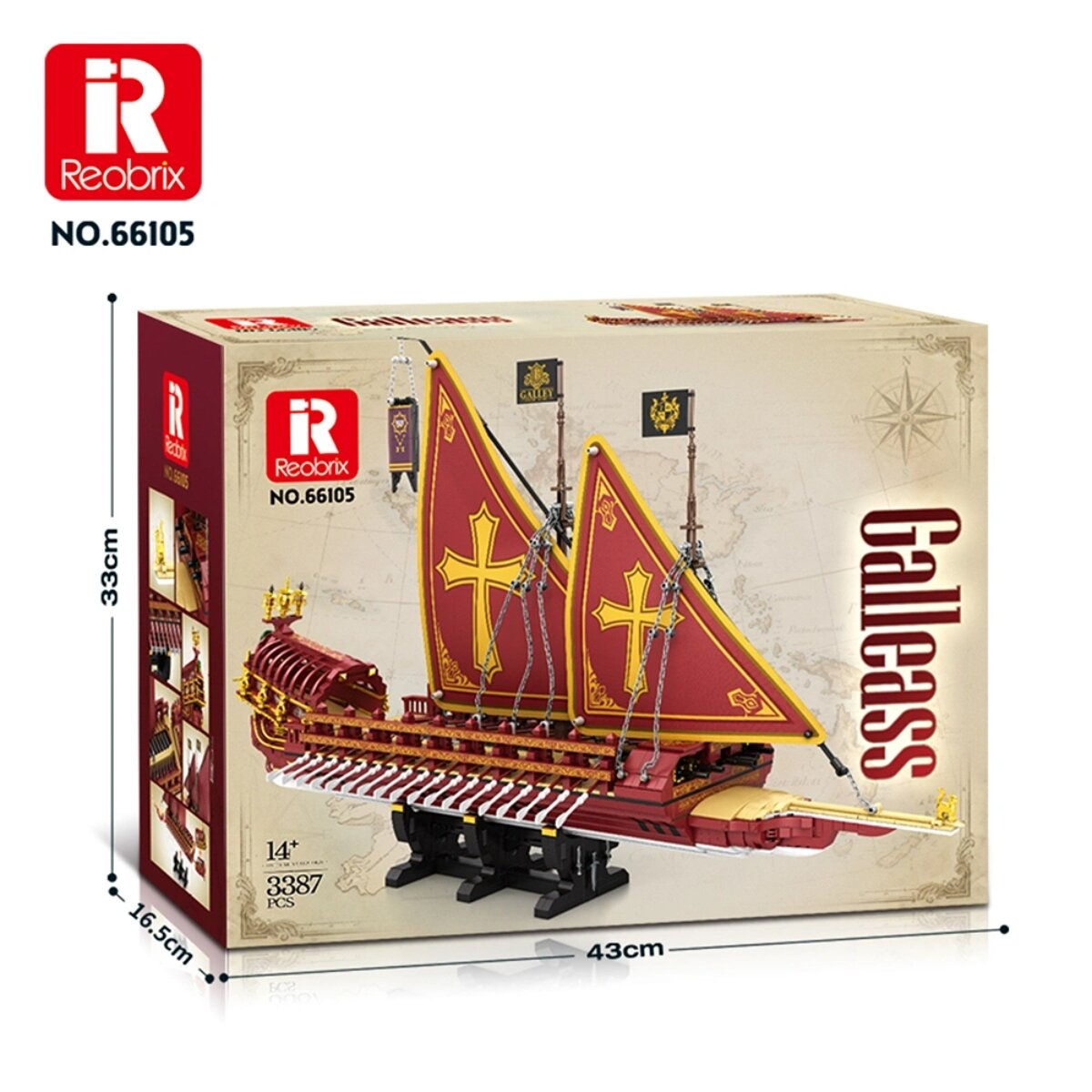Verpackung eines Reobrix Galleass Schiffsbausatzes mit roten Segeln, Maße und Teilenummer.