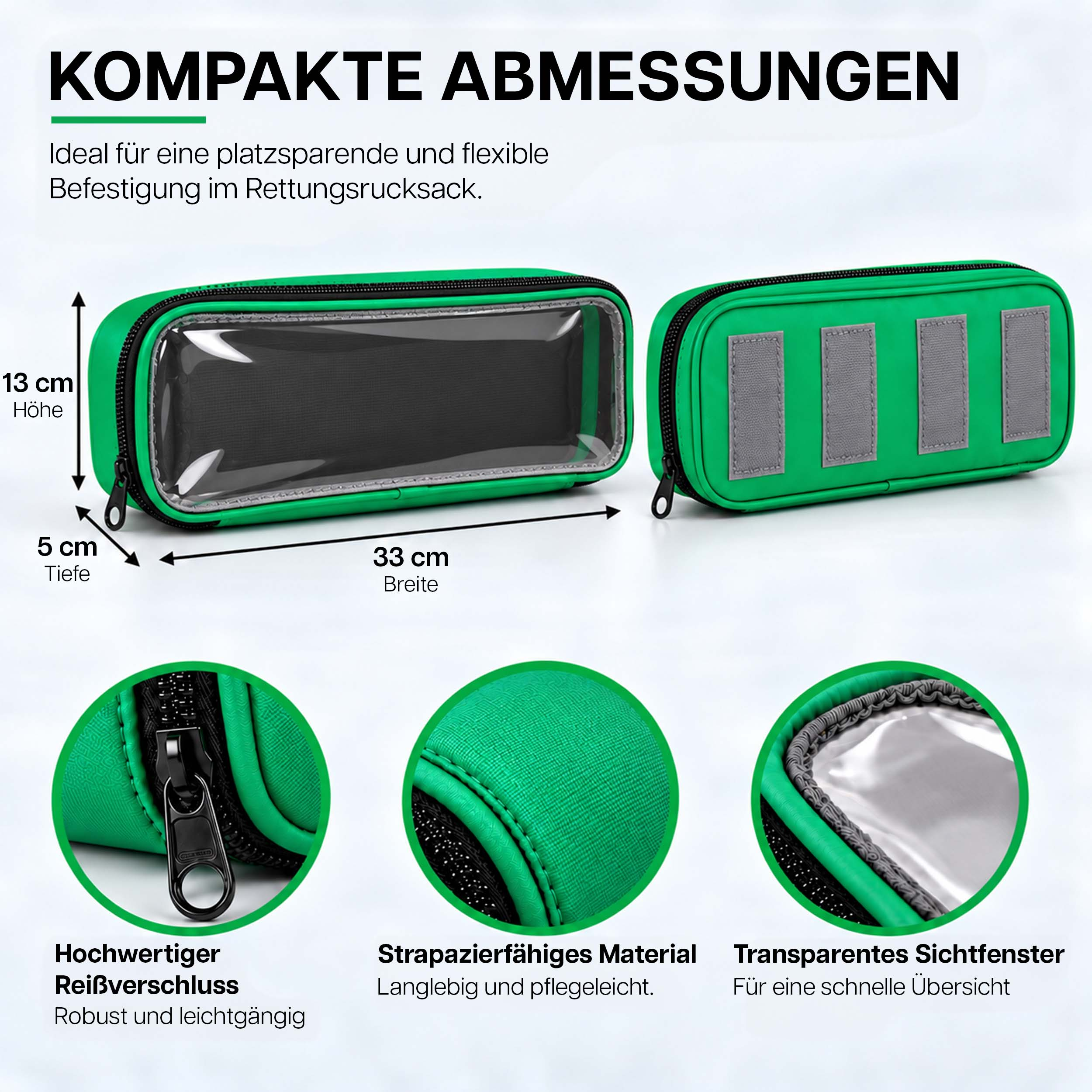 Grüne Tasche mit Maßen, Reißverschluss, robustem Material und Sichtfenster.