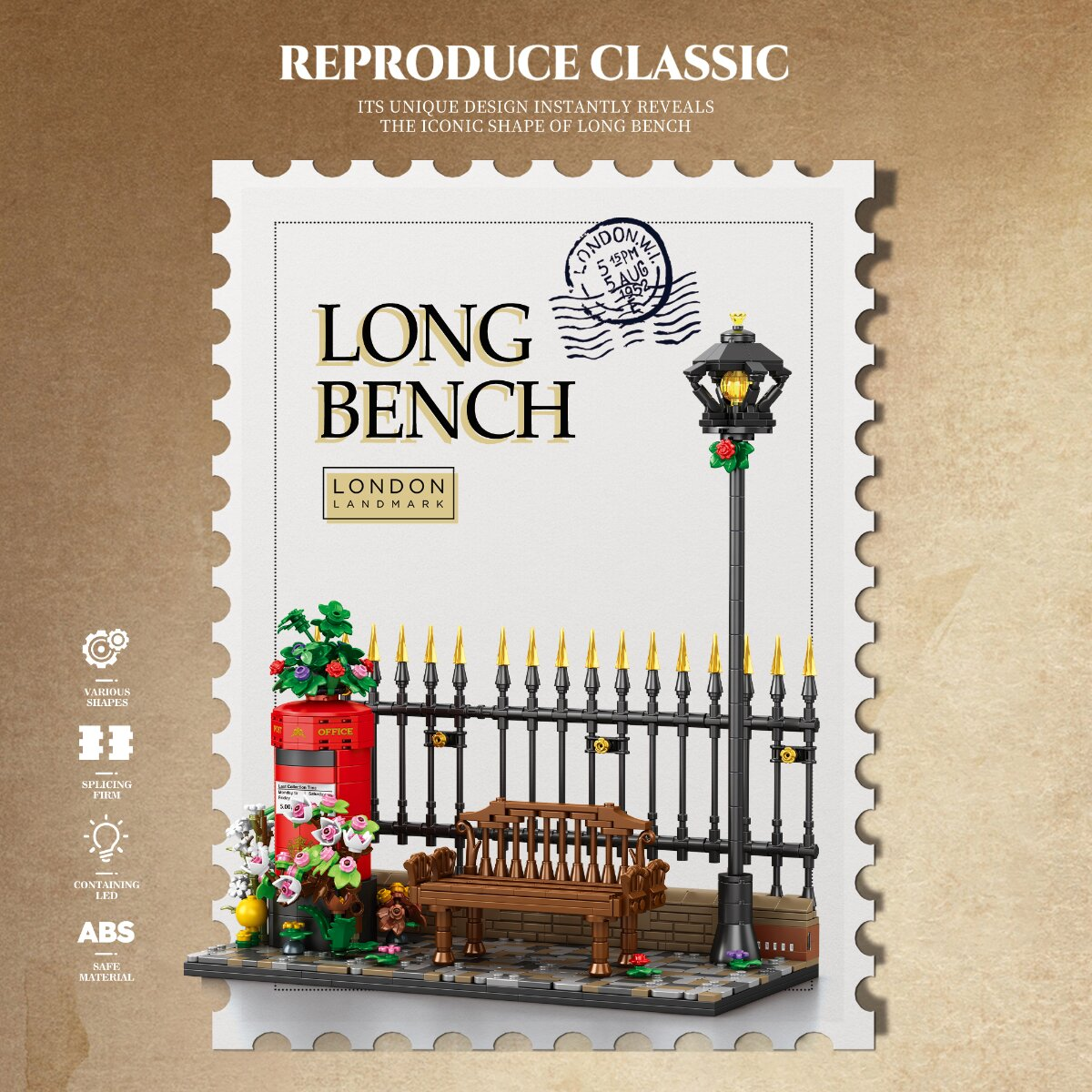 Lego-Set zeigt Londoner Straßenszene mit Bank, rotem Briefkasten, schwarzem Zaun und Laterne auf Briefmarke.