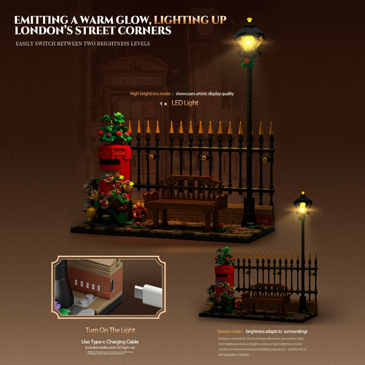 Lego-Straßenszene in London mit Bank, rotem Briefkasten und leuchtenden Laternen.