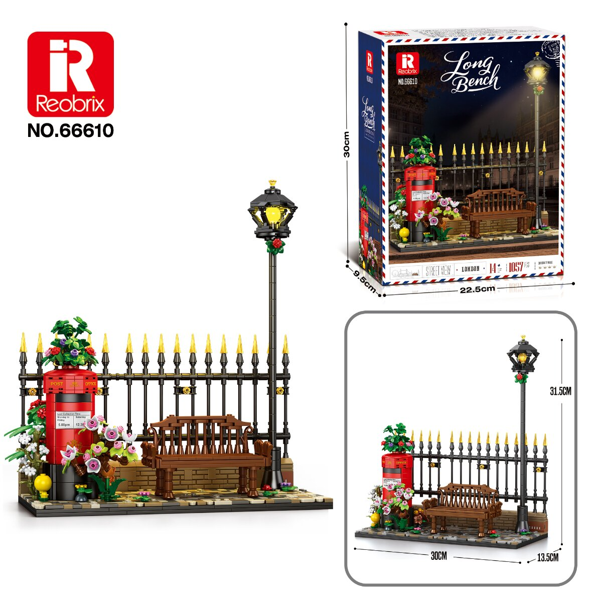Lego-ähnliches Set mit rotem Briefkasten, Holzsitzbank und Straßenlaterne vor einem schwarzen Zaun.
