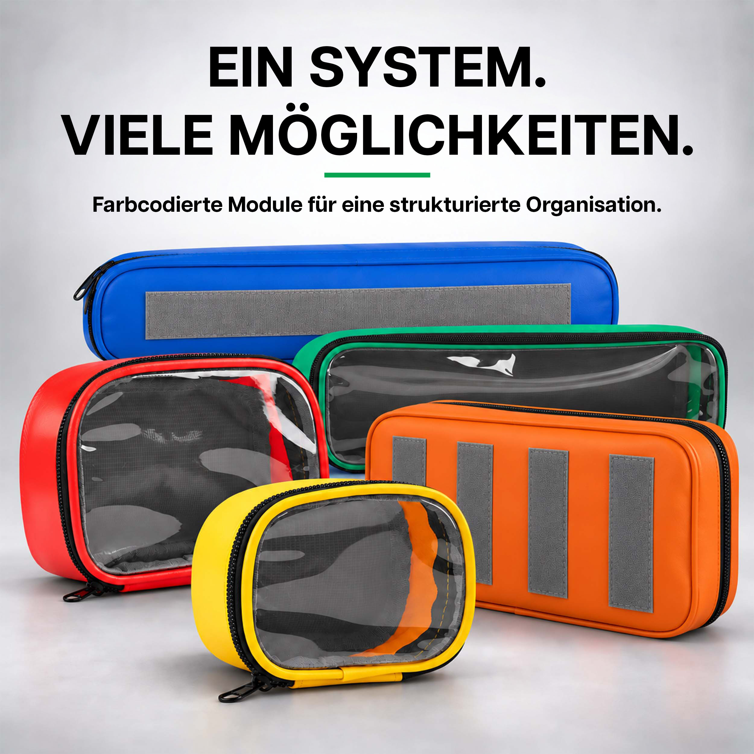 Ein System mit fünf verschiedenfarbigen Organizer-Taschen auf hellem Hintergrund und deutscher Werbeinschrift.