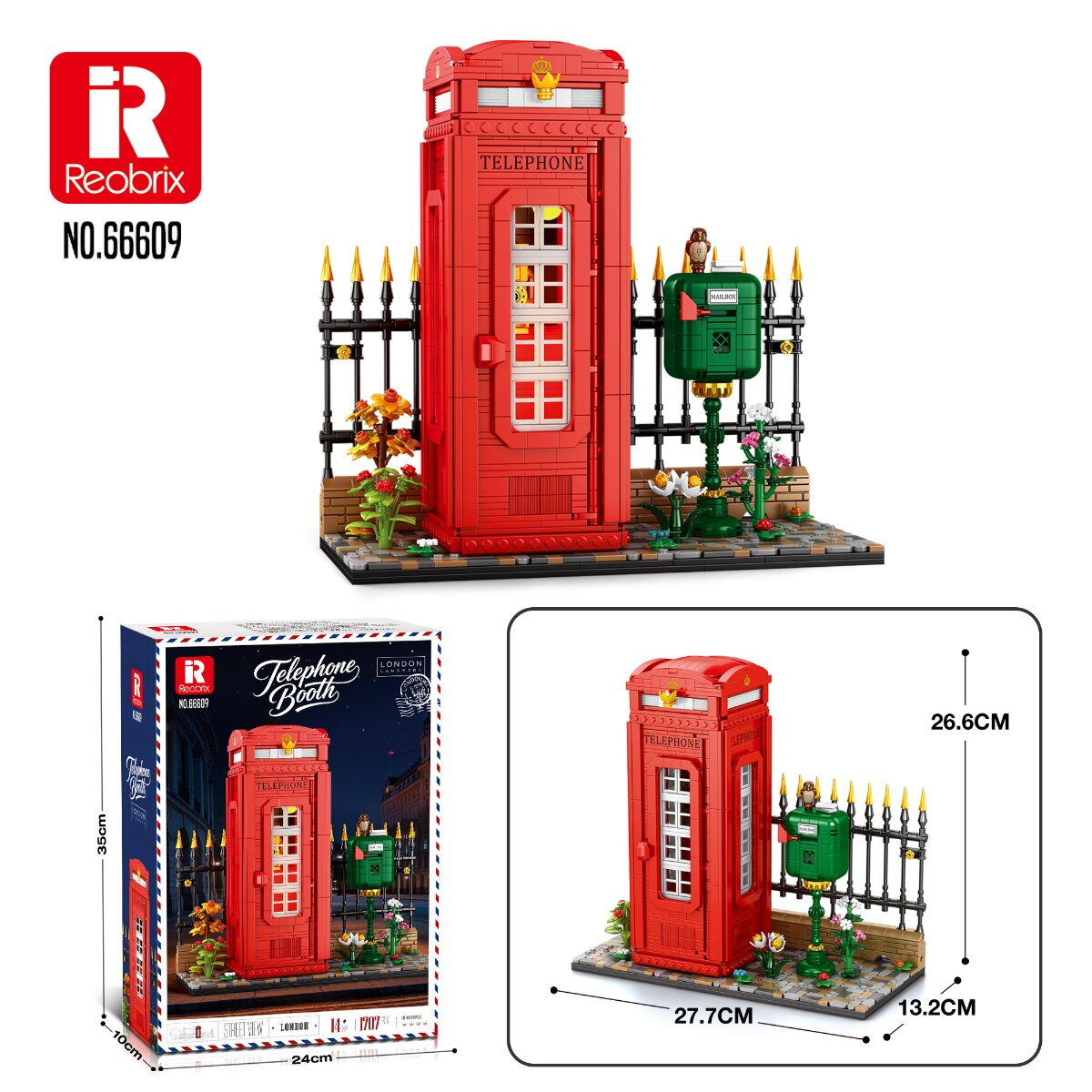 Ein rotes Lego-Telefonhaus mit grünem Briefkasten und Zaun, inklusive Produktverpackung und Abmessungen.