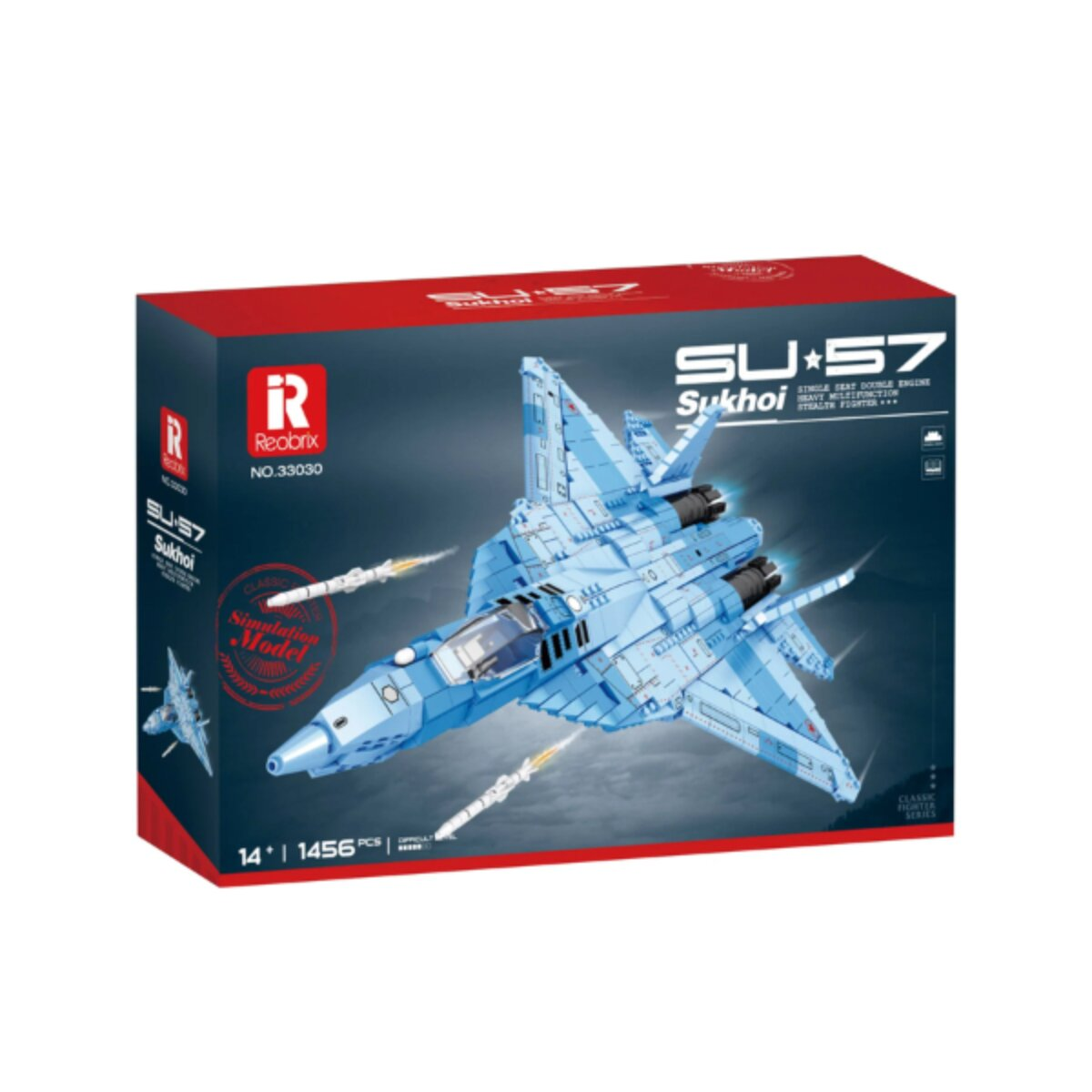 Spielzeugverpackung zeigt ein blaues SU-57 Sukhoi Kampfjet-Modell aus Bausteinen mit zwei Raketen.