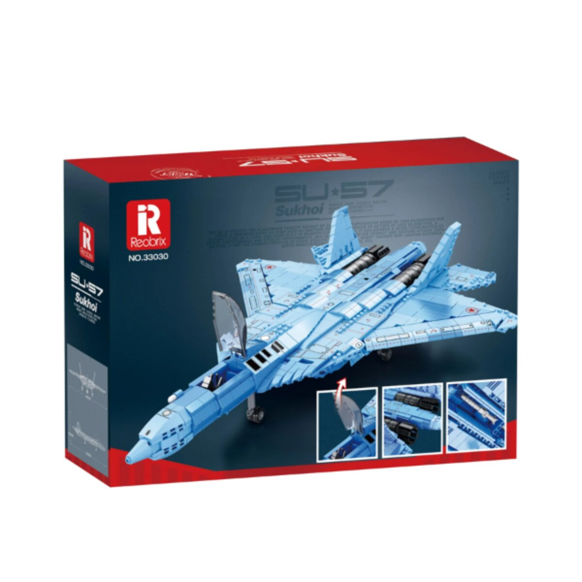 Verpackung eines blauen Su-57 Kampfjet-Klemmbausteinmodells von Reobrix mit Detailbildern.
