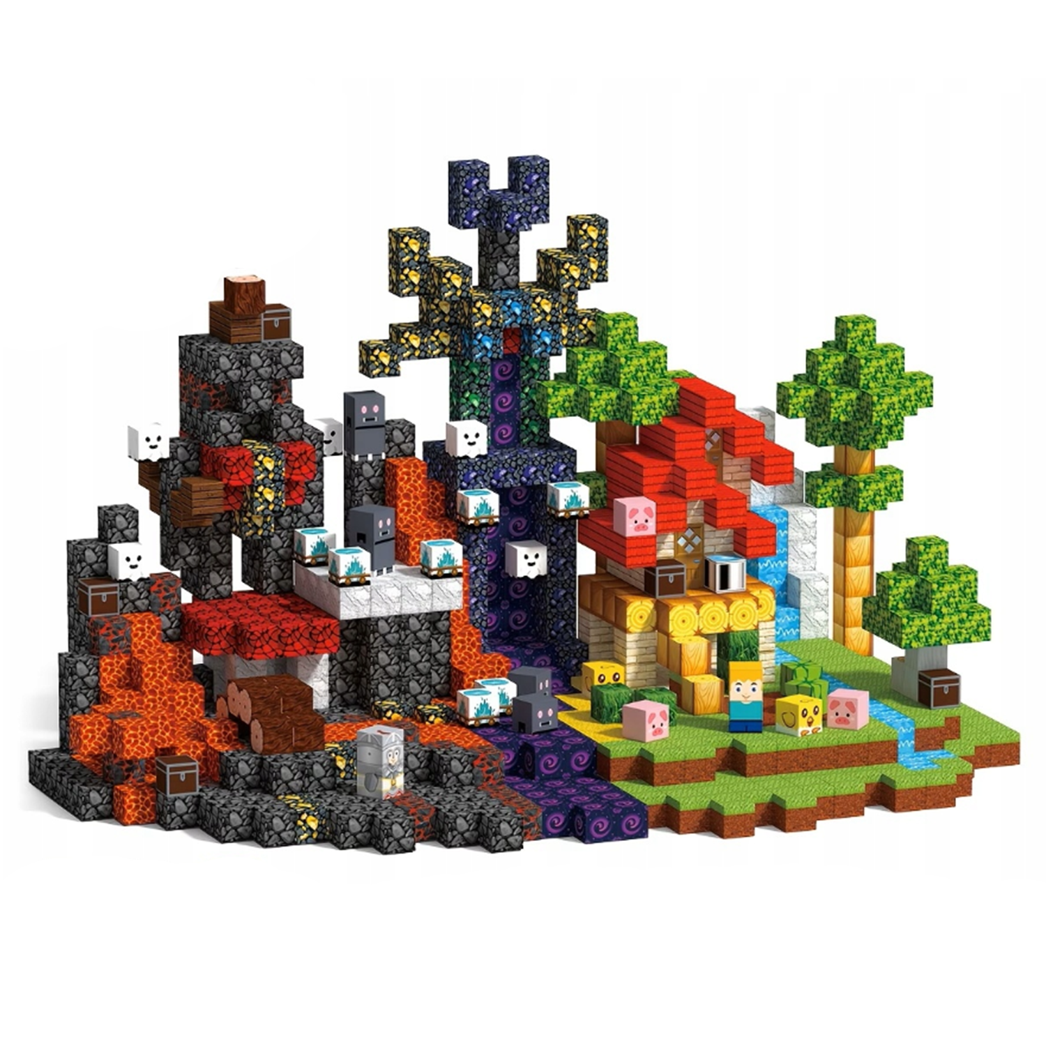 Zestaw klocków w stylu Minecraft z lawą, portalem, drzewami, postaciami i domami.