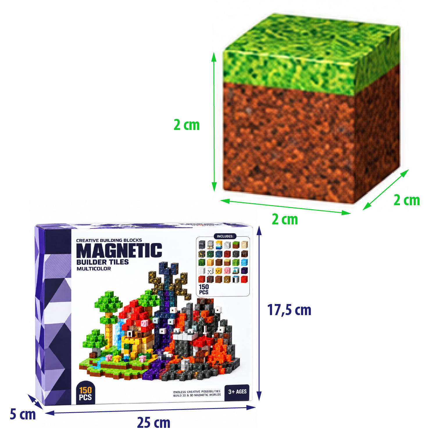 Pudełko 150 magnetycznych klocków z wymiarami i przykładem klocka w stylu Minecraft.