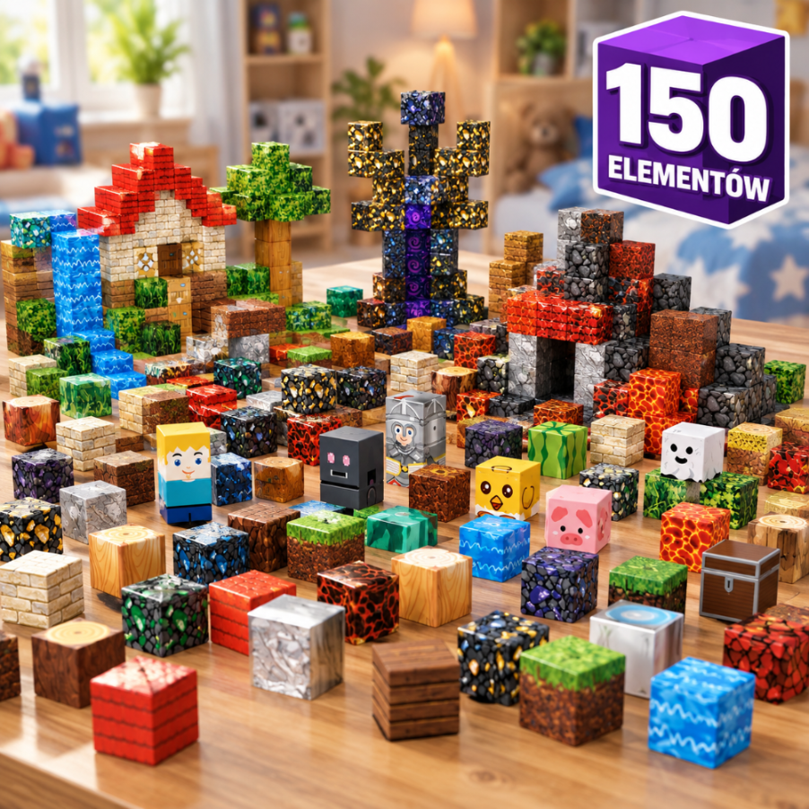 Zestaw zabawek Minecraft na drewnianym stole, z kolorowymi klockami, postaciami i pudełkiem 150 elementów w tle.