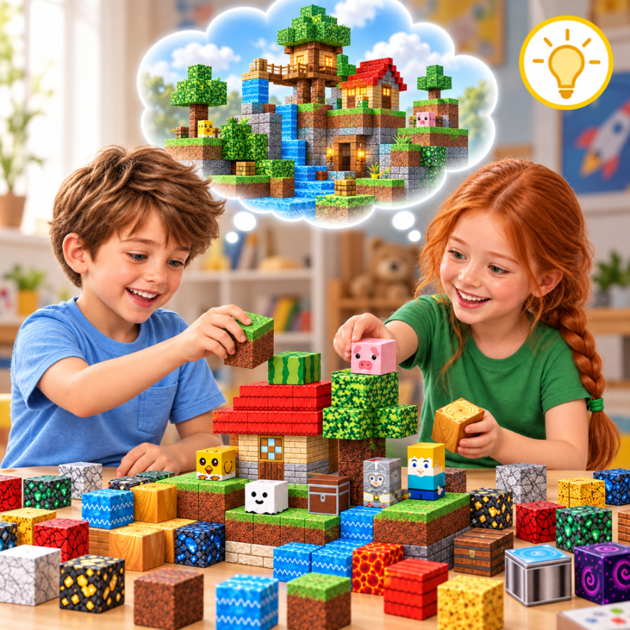 Dzieci budujące świat Minecraft z kolorowych klocków z chmurą fantasy powyżej.