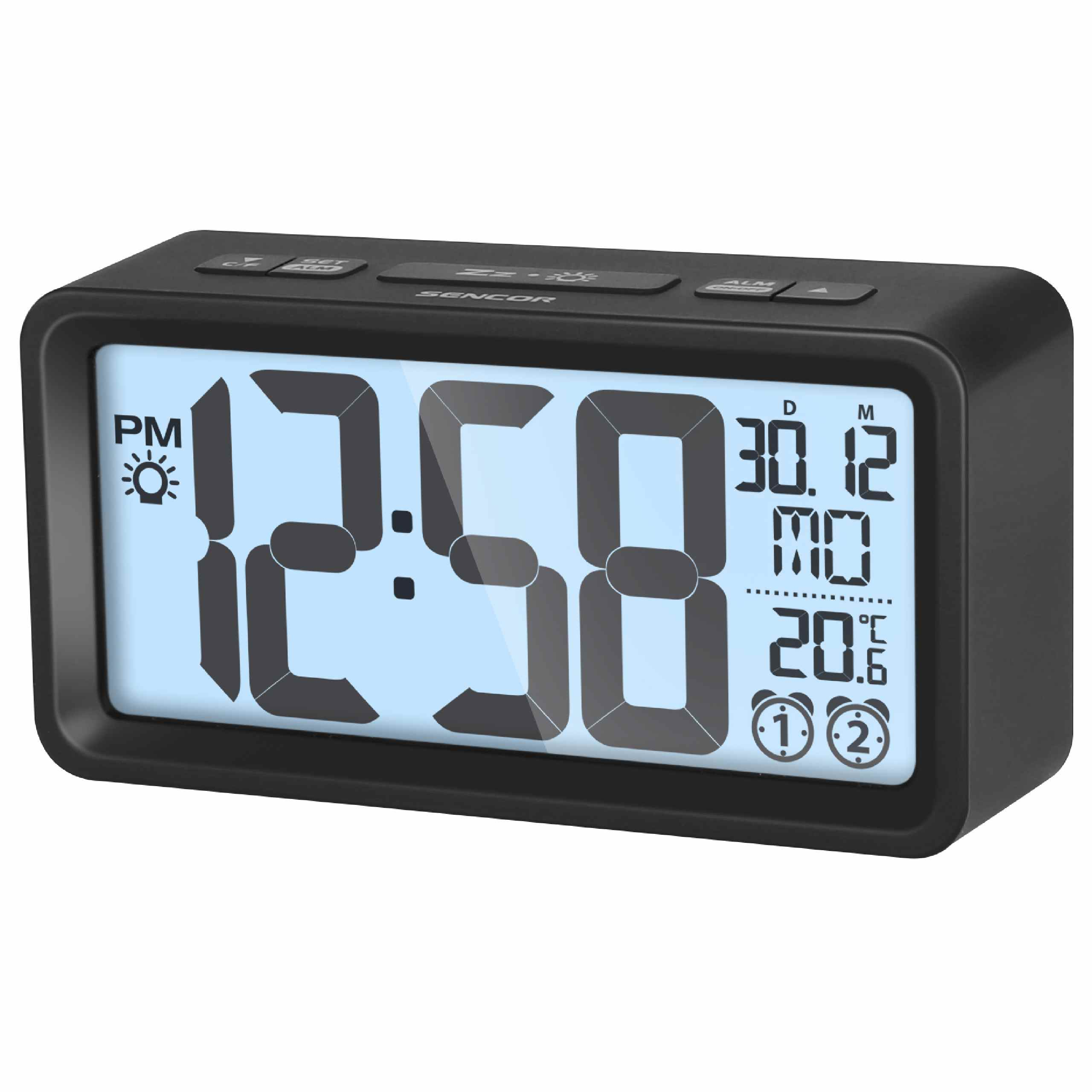 Schwarzer digitaler Wecker mit blauem Display, das die Zeit, das Datum, den Wochentag und die Temperatur anzeigt.