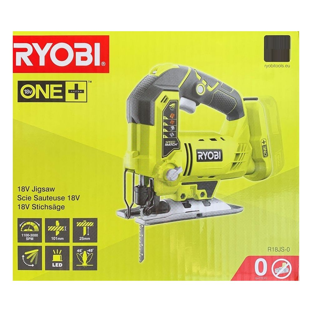Żółta wyrzynarka akumulatorowa Ryobi 18V na opakowaniu.