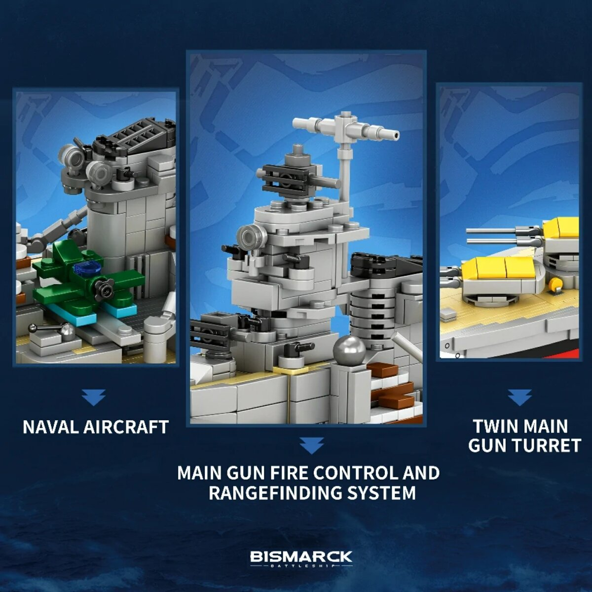 Lego-Schiff Bismarck mit drei Detailansichten: Marineflugzeug, Feuerleitsystem und Hauptgeschützturm.