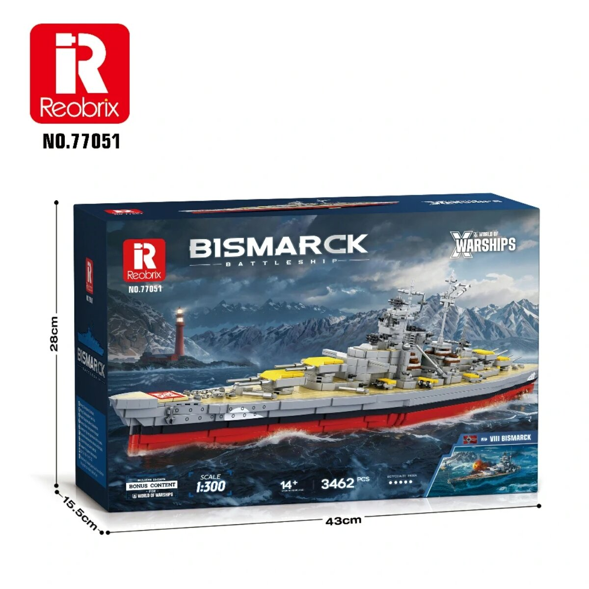 Verpackung für ein Reobrix Bismarck Schlachtschiff Klemmbausteinset mit 3462 Teilen vor einer Berglandschaft.