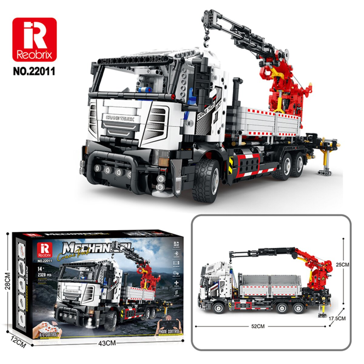 Ein weiß-roter Reobrix Kranwagen als Bausteinset mit Produktverpackung und Maßangaben.