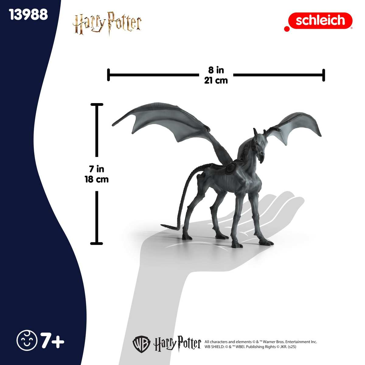 Schleich Harry Potter Thestral-Figur mit Maßen von 21 cm Breite und 18 cm Höhe.