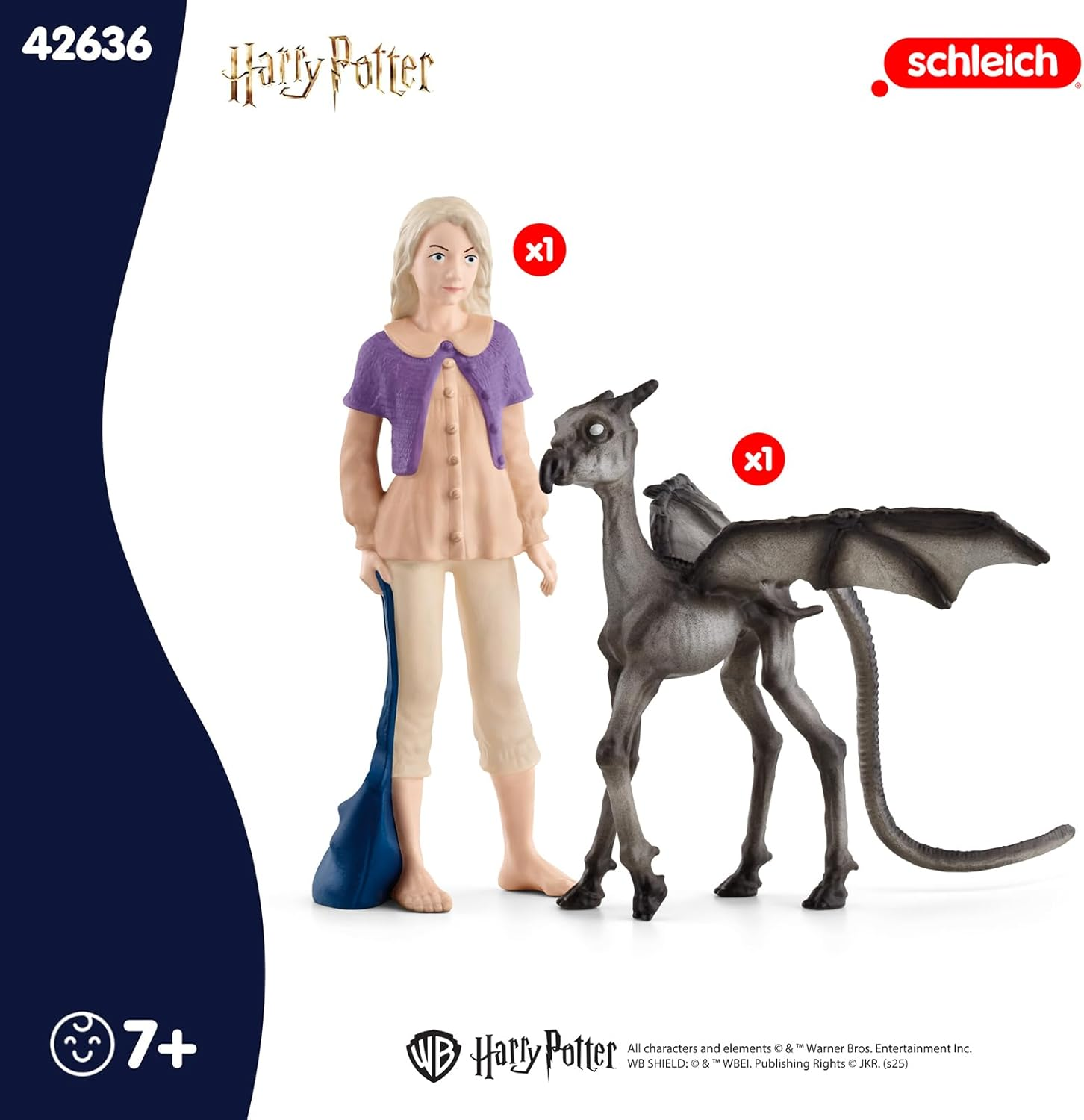 Schleich Harry Potter Spielset mit Luna Lovegood Figur und einem Thestral-Fohlen vor weißem Hintergrund.
