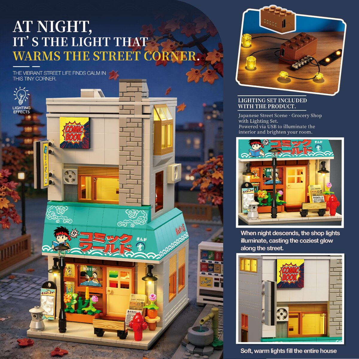 Lego japanischer Comicladen mit warmer Beleuchtung, detailliertem Innen- und Außenbereich bei Nacht.