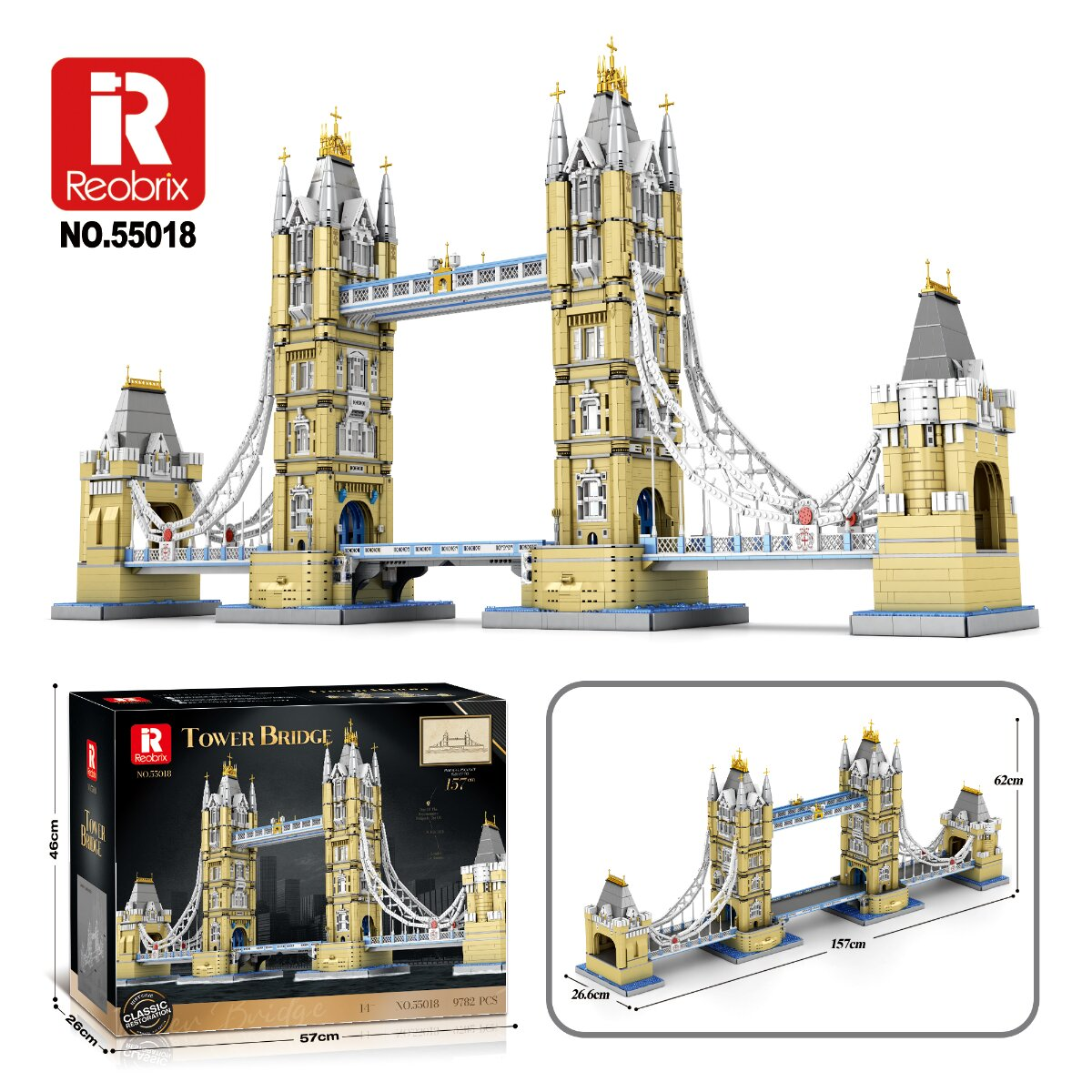 Ein Lego-artiges Tower Bridge Set von Reobrix mit Box und Maßen.