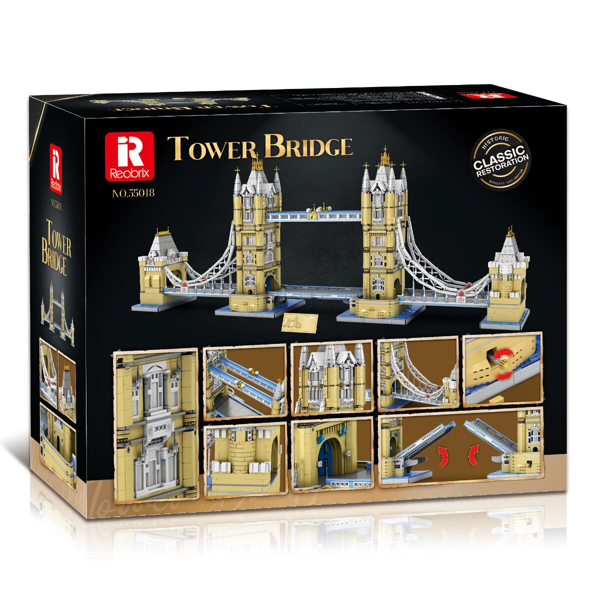 Verpackung eines Tower Bridge LEGO-Sets mit Modellabbildung und Details.