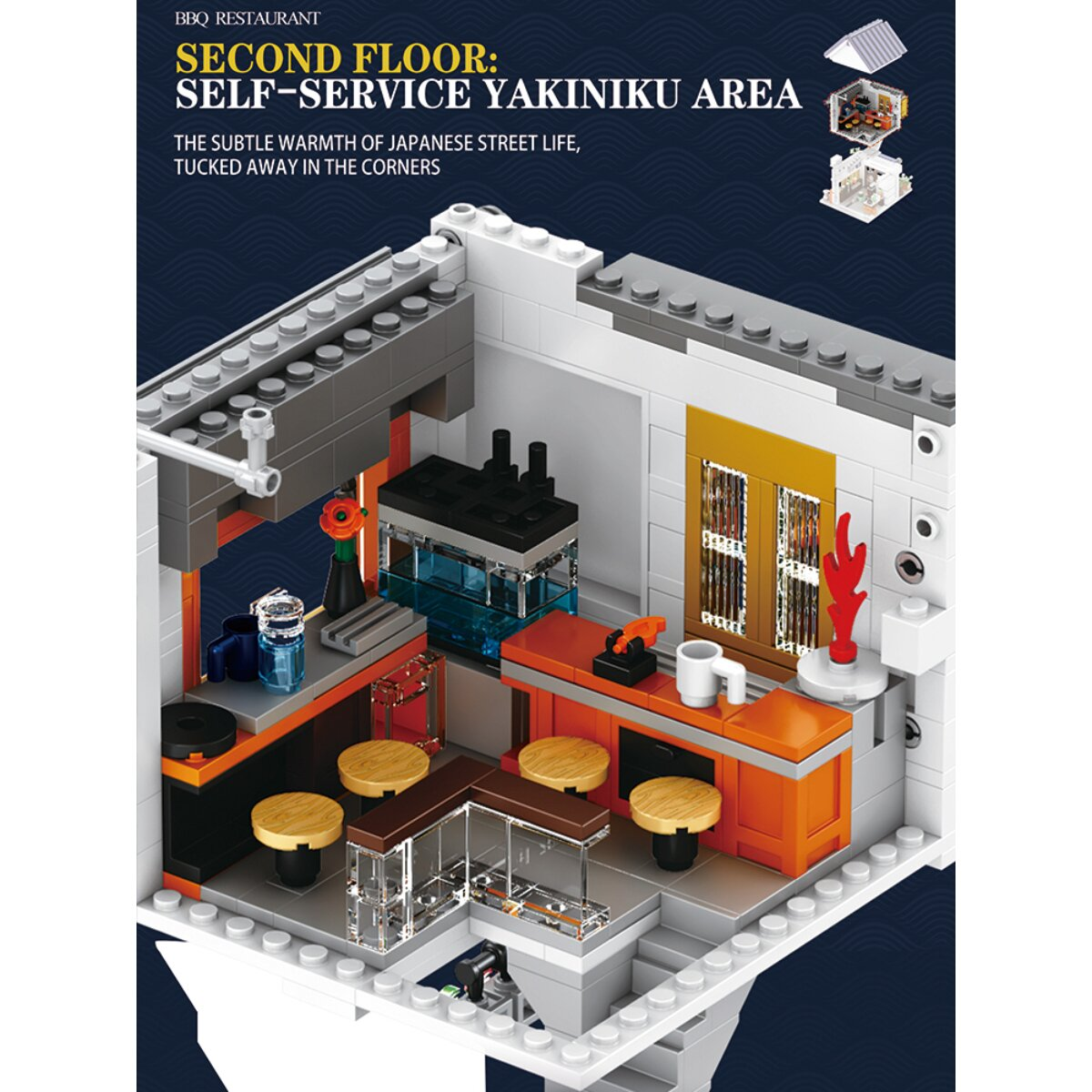 Lego-Modell der zweiten Etage eines BBQ-Restaurants mit Bar, Holzhockern und Kochnische.