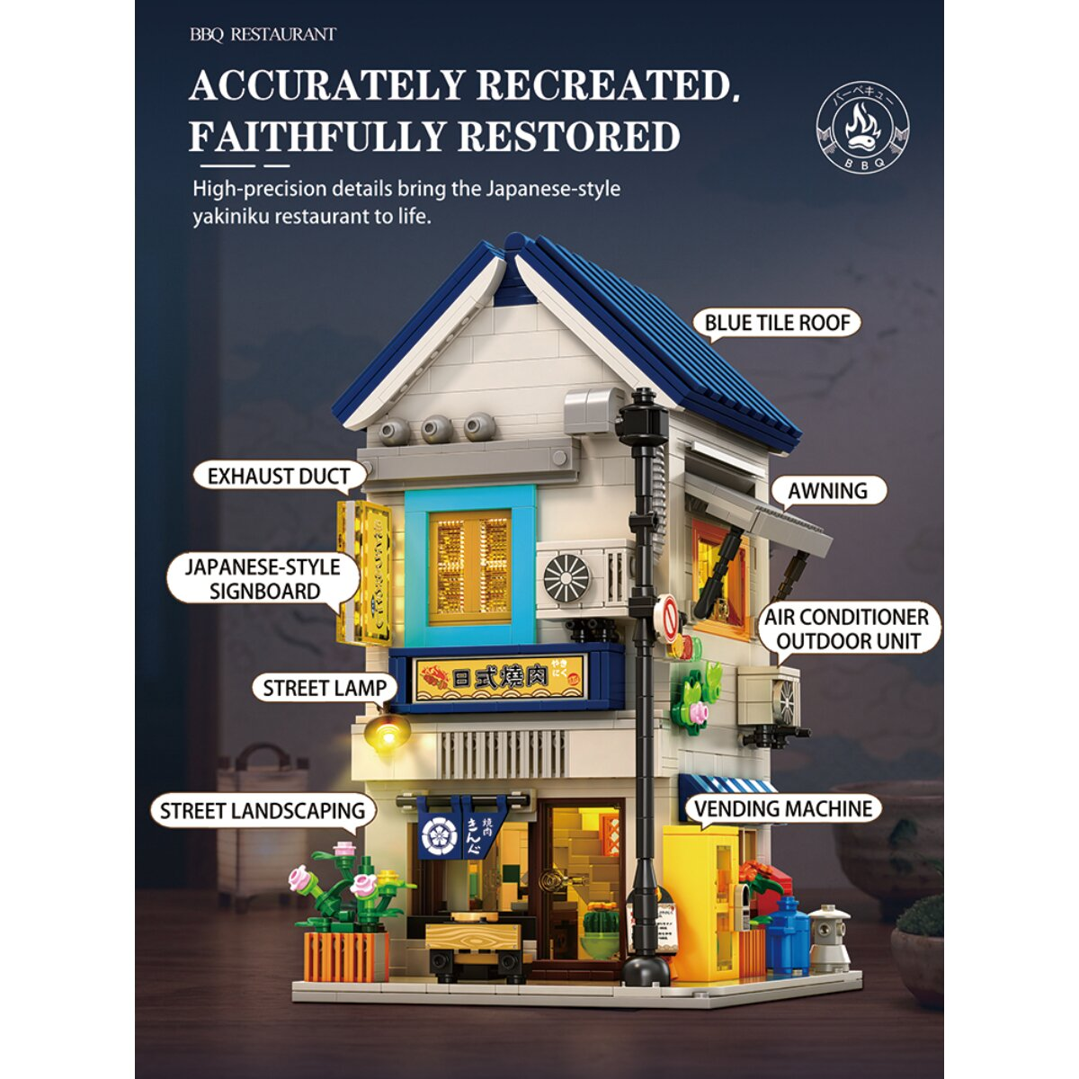 Lego BBQ-Restaurant mit blaudach, Schildern und Details.