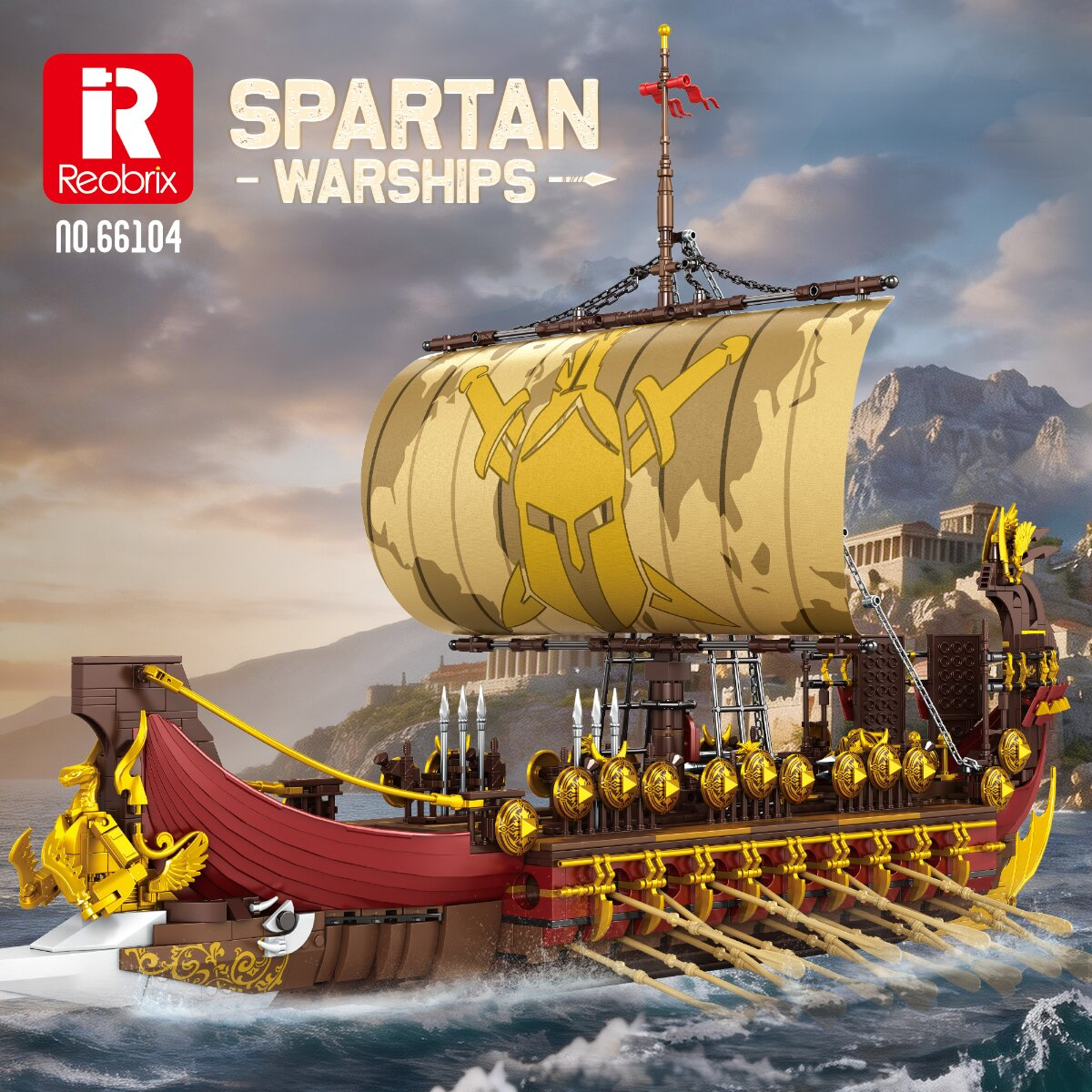 Ein Lego-Kriegsschiff auf dem Meer mit großen Segeln und Rudern, vor einer antiken Küstenlandschaft.