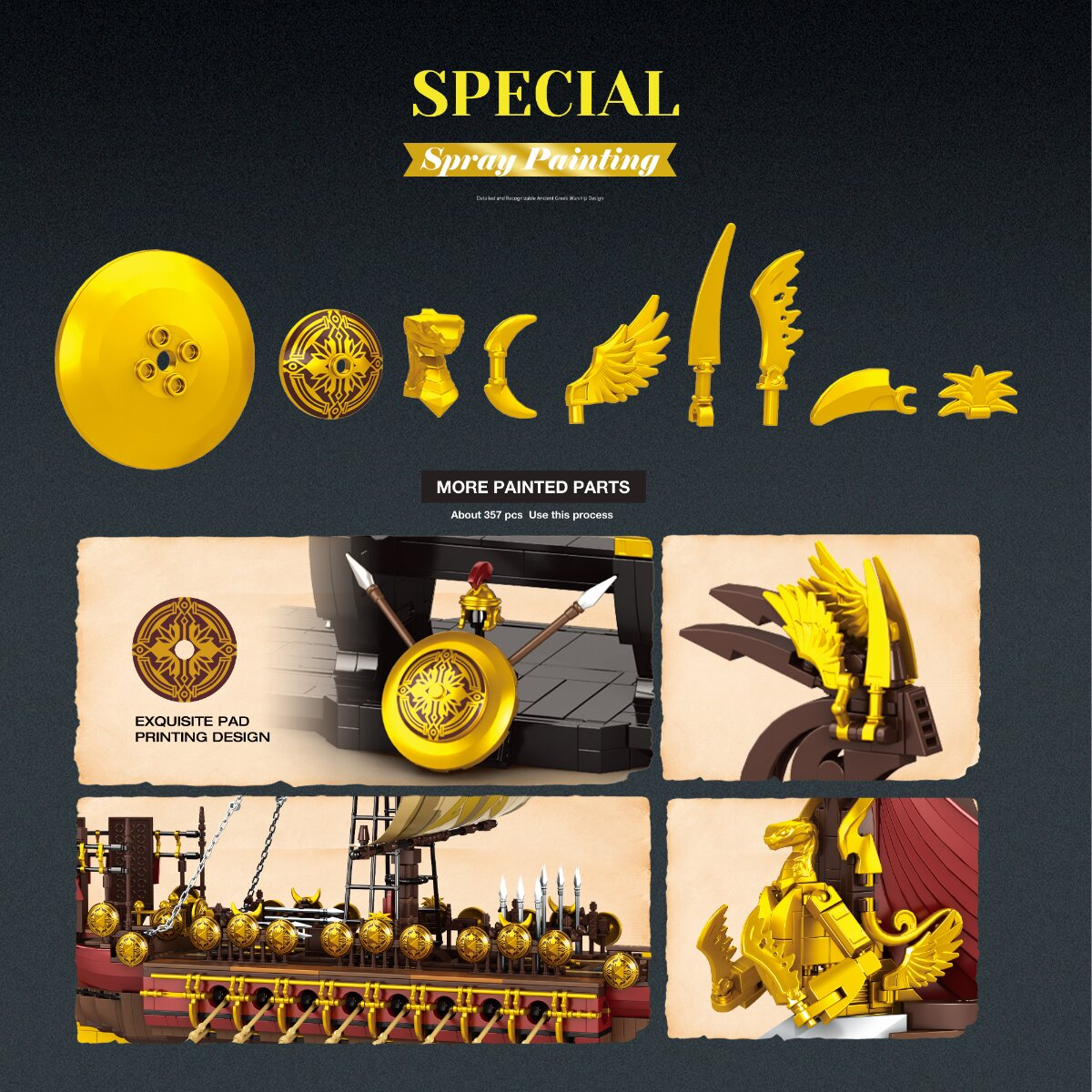 Goldene Spielzeug-Bausteinteile und montierte Schiffsteile auf dunklem Hintergrund.