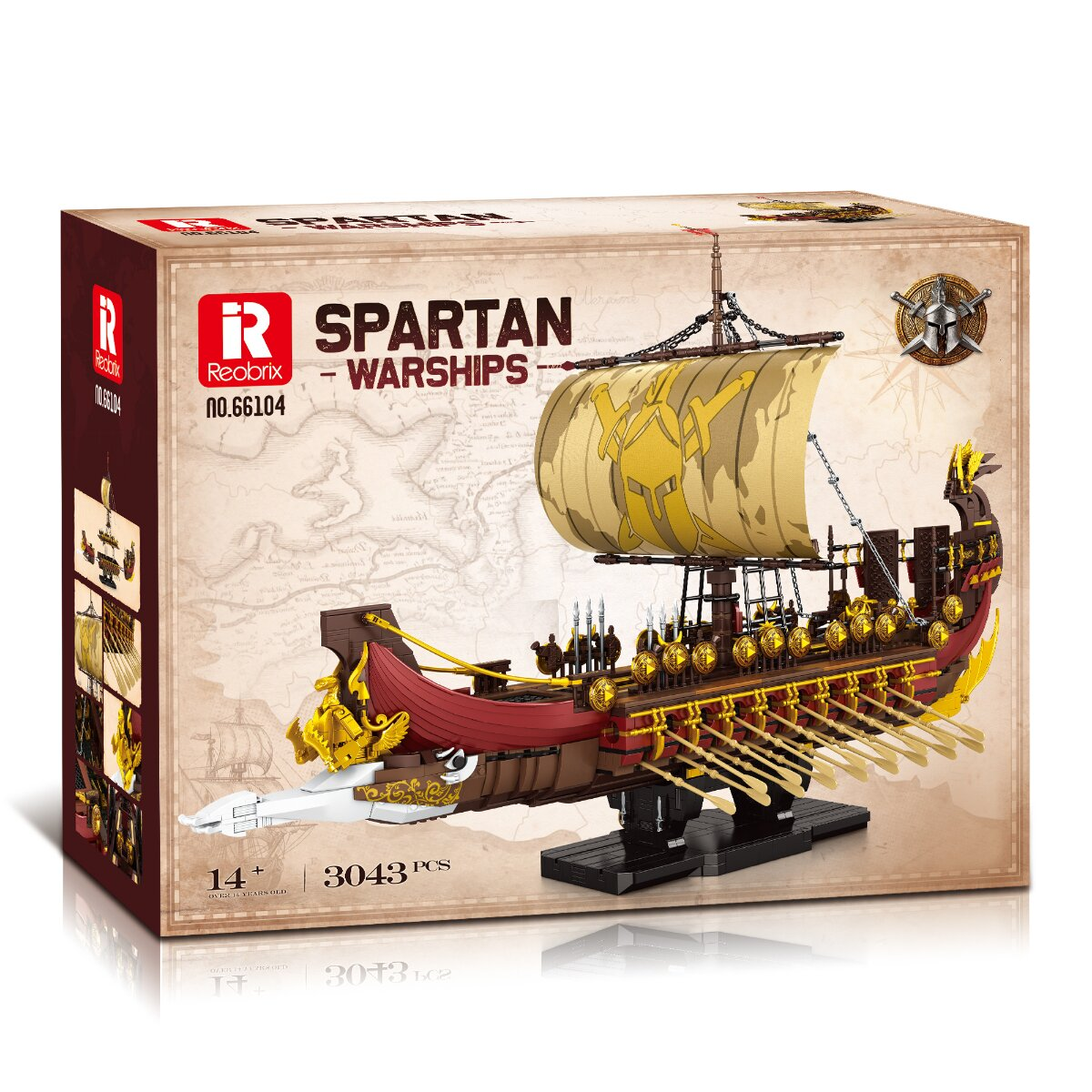 Verpackung eines Reobrix Spartan Warships LEGO-kompatiblen Sets mit 3043 Teilen.