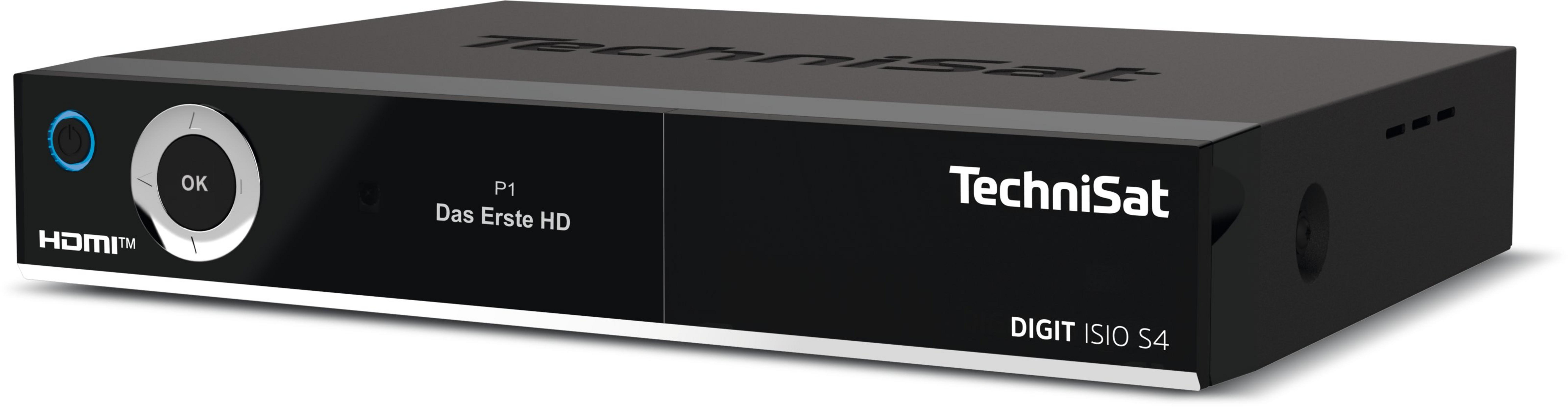 Schwarzer TechniSat DIGIT ISIO S4 Receiver mit Display und runden Navigationstasten.