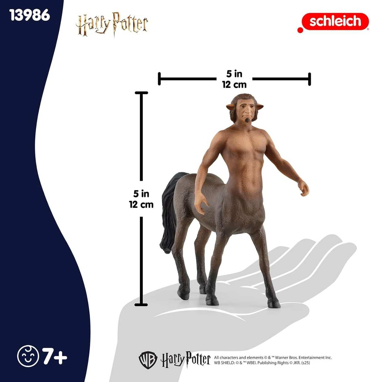 Schleich Harry Potter Zentaurenfigur mit Maßen von 5 in und 12 cm, auf einem handförmigen Hintergrund.
