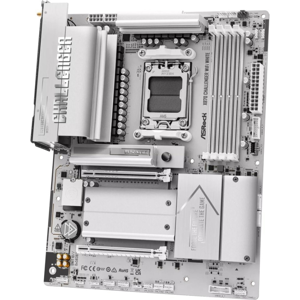 Biało-srebrna płyta główna ASRock X870 Challenger z gniazdem procesora AM5 i wieloma gniazdami RAM.