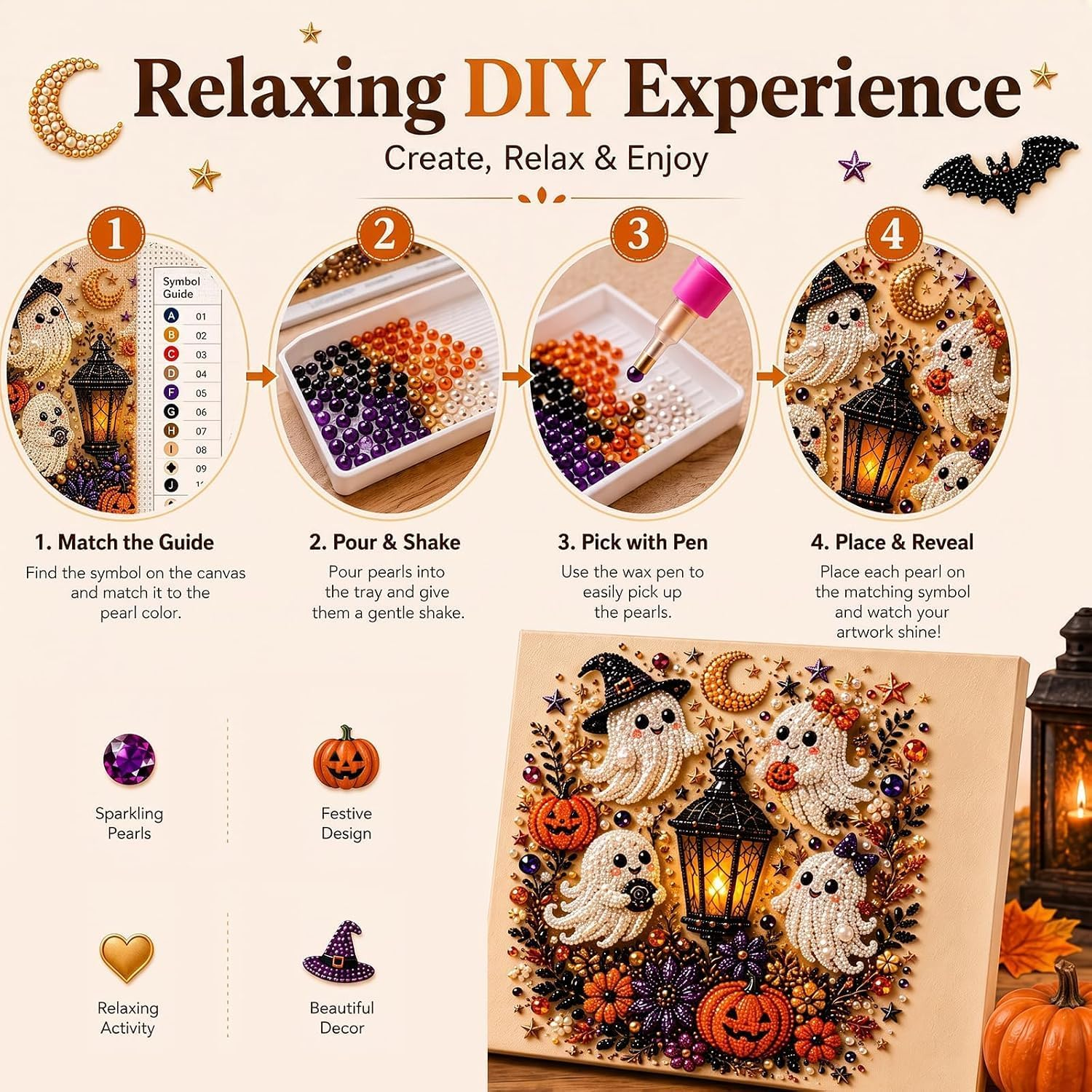 Anleitung für ein entspannendes DIY-Perlenkunstset mit Halloween-Geistern, Kürbissen und Laterne.