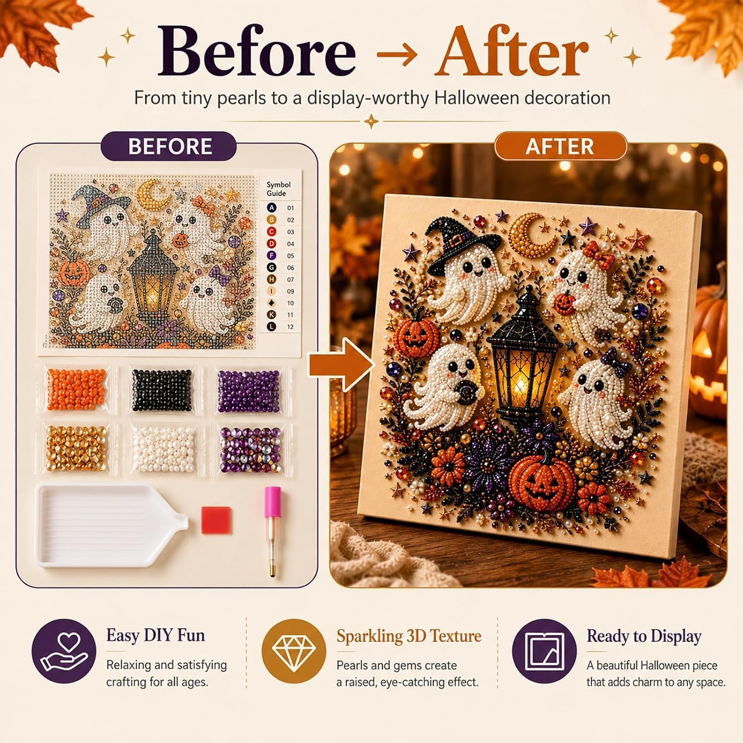 Vorher-Nachher-Vergleich eines Halloween-Diamond-Painting-Sets mit Geistern und Kürbissen und glitzerndem Ergebnis.