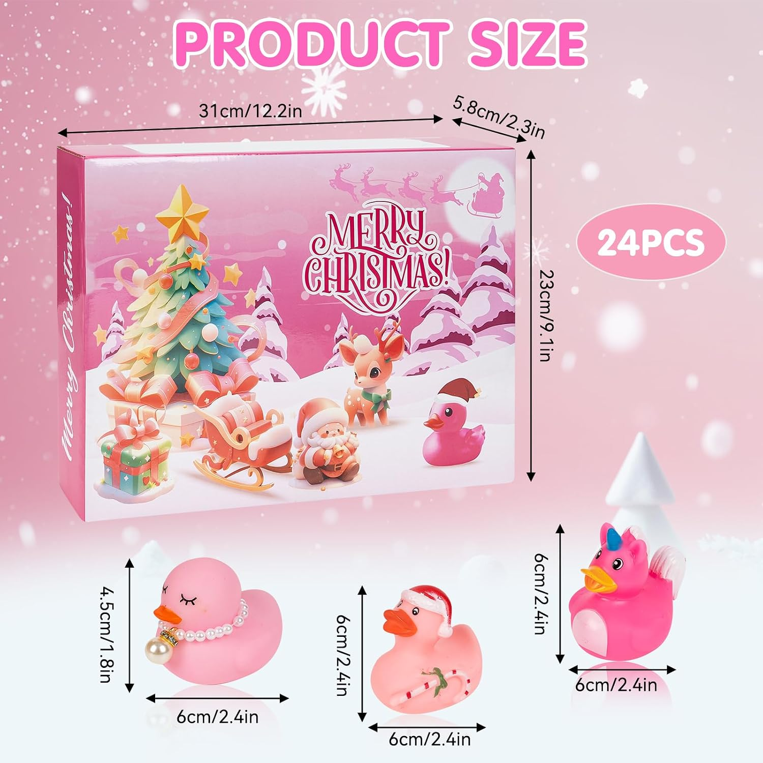 Produktgröße einer pinken Weihnachtskalender-Box mit Maßen und drei dazugehörigen Entenfiguren.