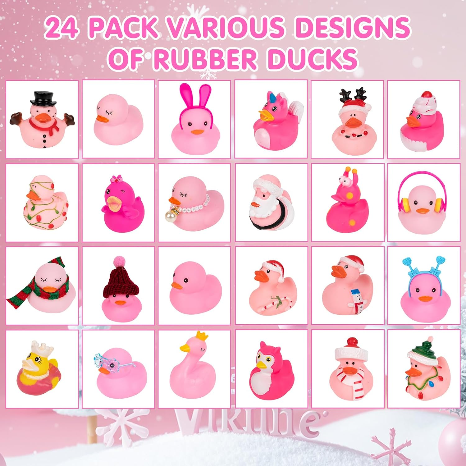 Ein 24er-Pack verschiedener rosa Gummienten mit Feiertags- und süßen Motiven vor rosa Hintergrund.