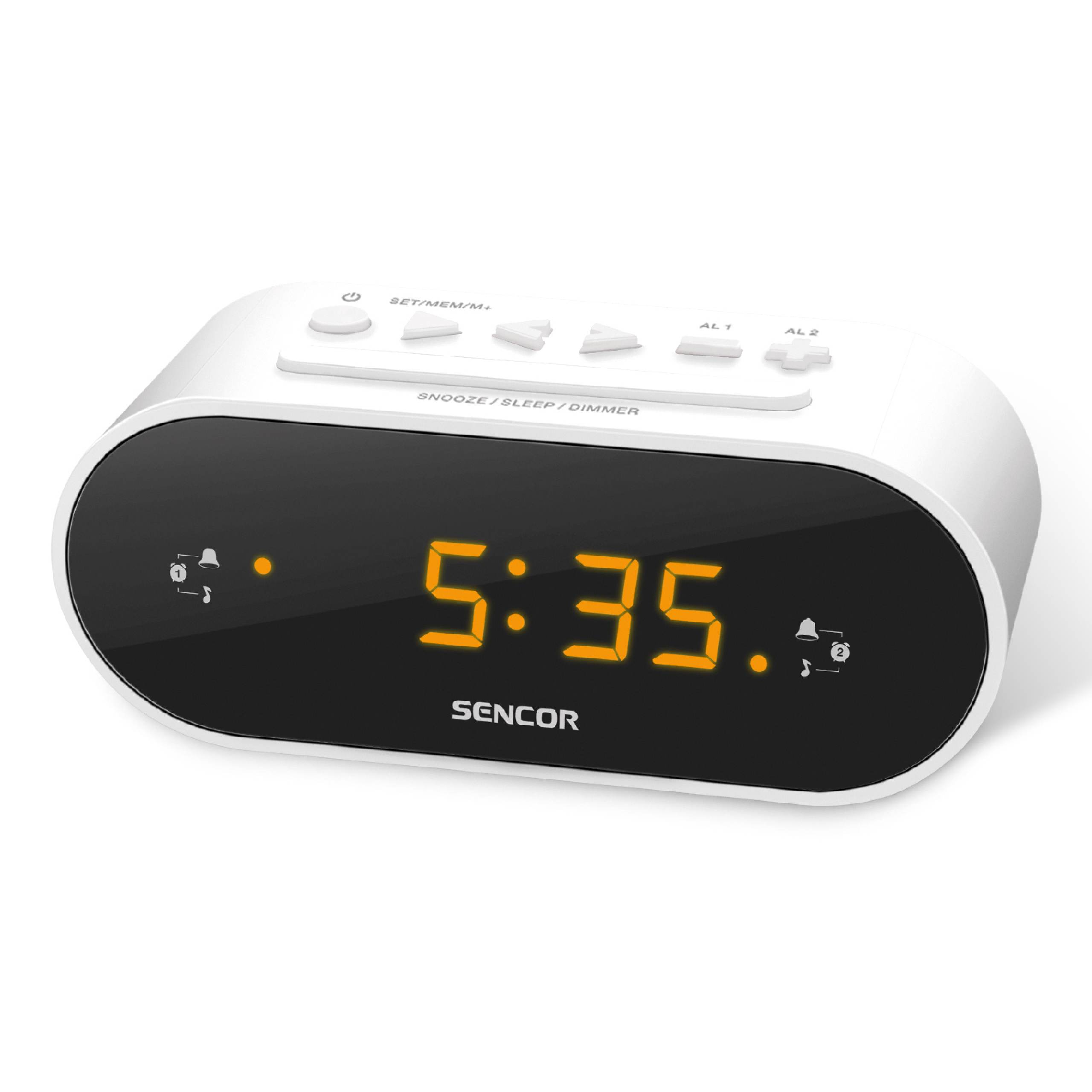 Despertador digital Sencor blanco con pantalla negra y dígitos naranjas brillantes que muestran las 5:35.