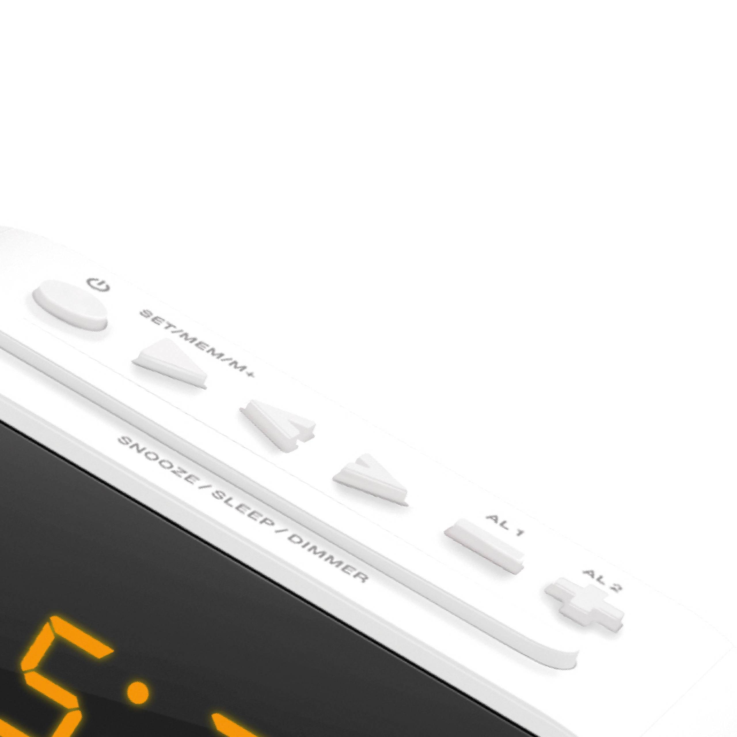 Primer plano de los botones de un despertador digital blanco con pantalla naranja.