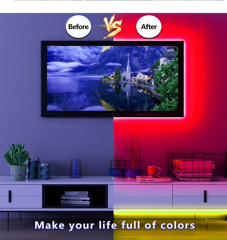 Vergleich eines Fernsehers mit und ohne farbige LED-Hintergrundbeleuchtung.