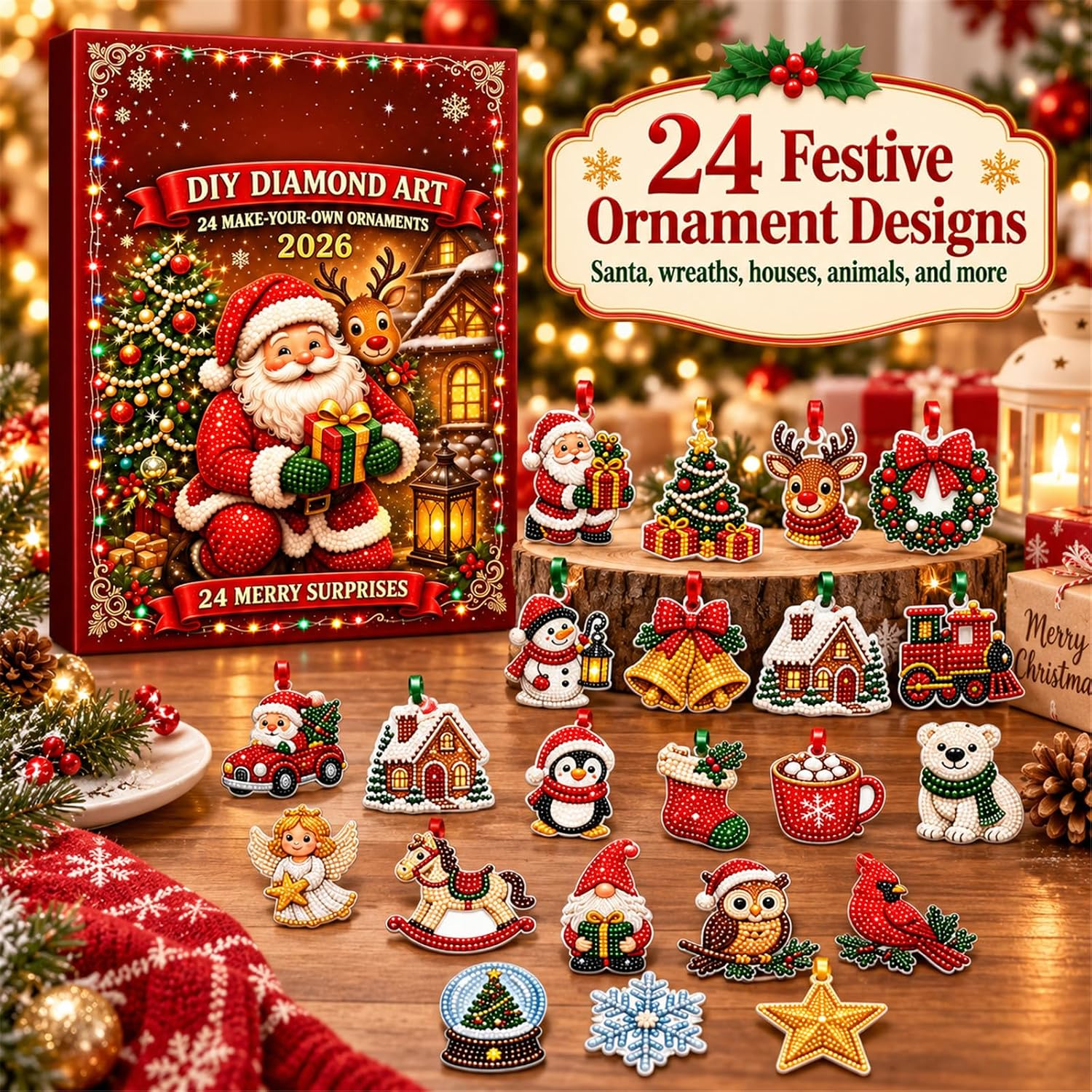 Set mit 24 weihnachtlichen Diamantmalerei-Ornamenten vor einer rot verpackten Box und Lichtern.